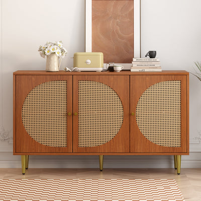 Sideboard, 3 Rattan Doors, Metal Handles, Walnut