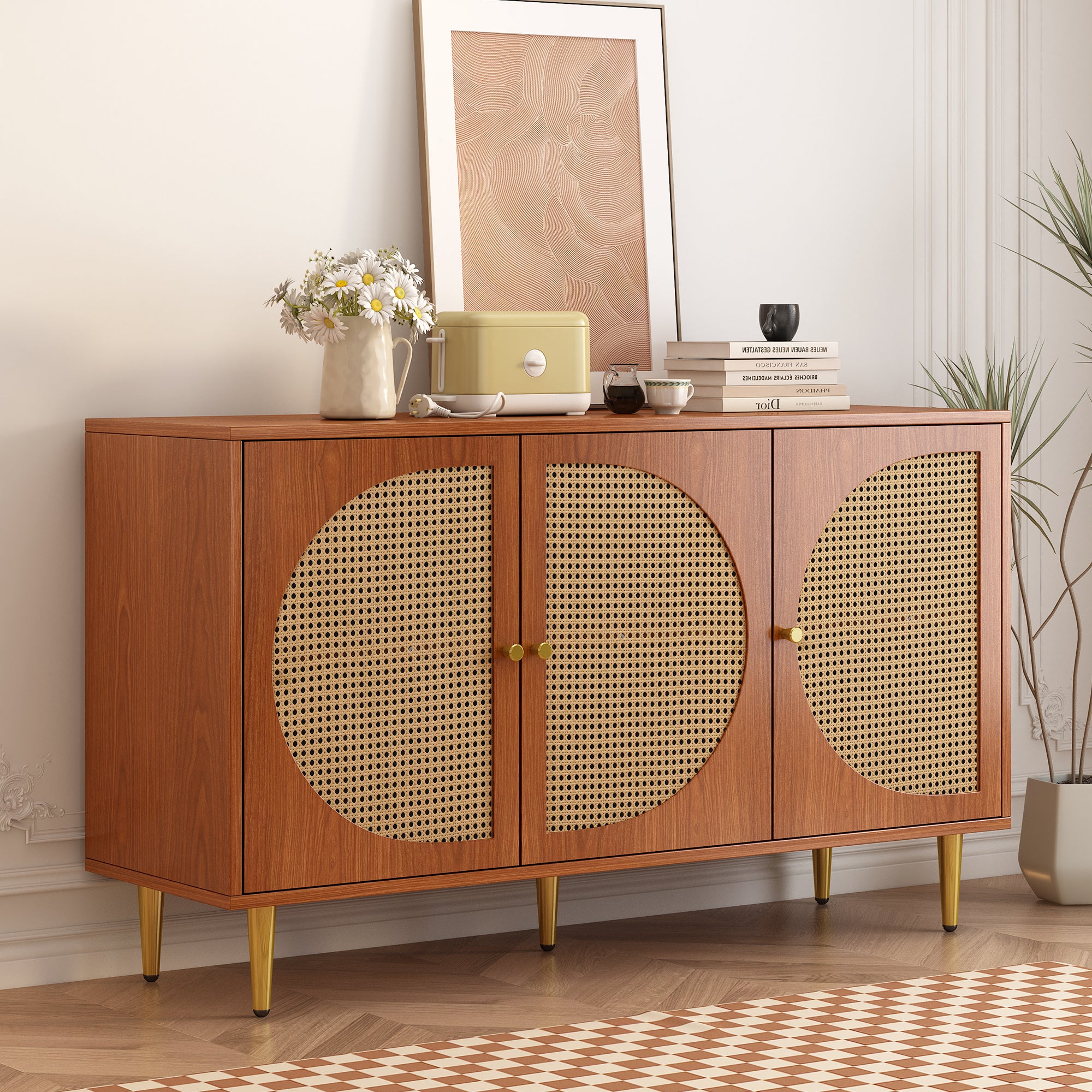 Sideboard, 3 Rattan Doors, Metal Handles, Walnut