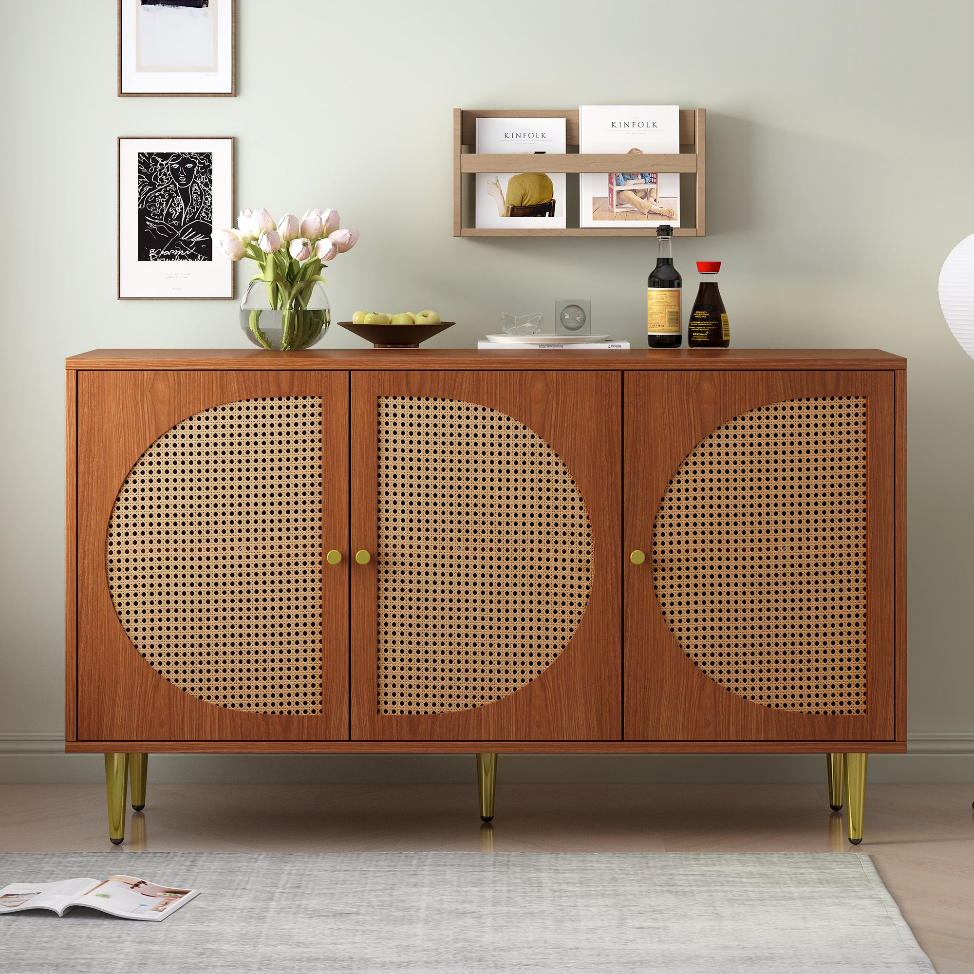 Sideboard, 3 Rattan Doors, Metal Handles, Walnut