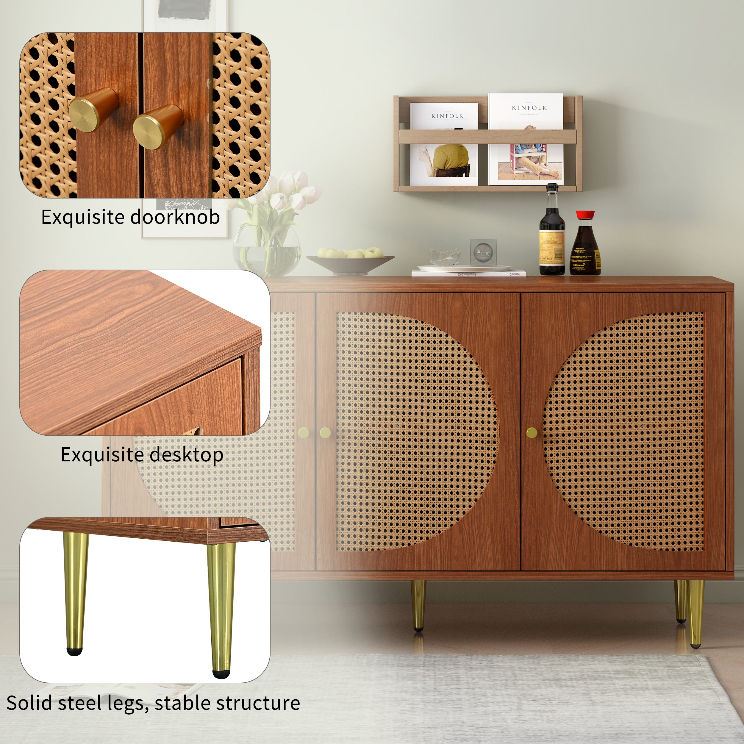 Sideboard, 3 Rattan Doors, Metal Handles, Walnut
