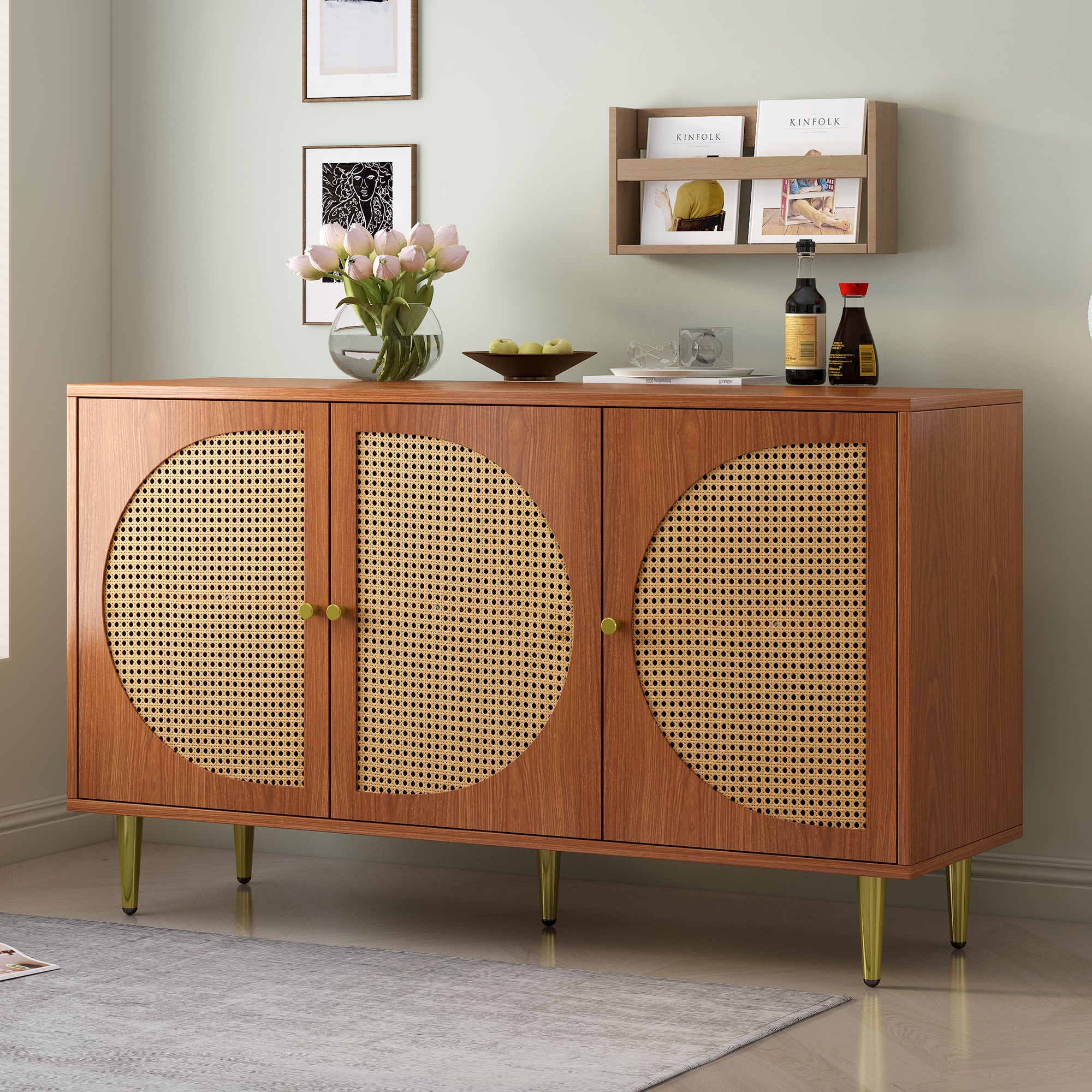 Sideboard, 3 Rattan Doors, Metal Handles, Walnut