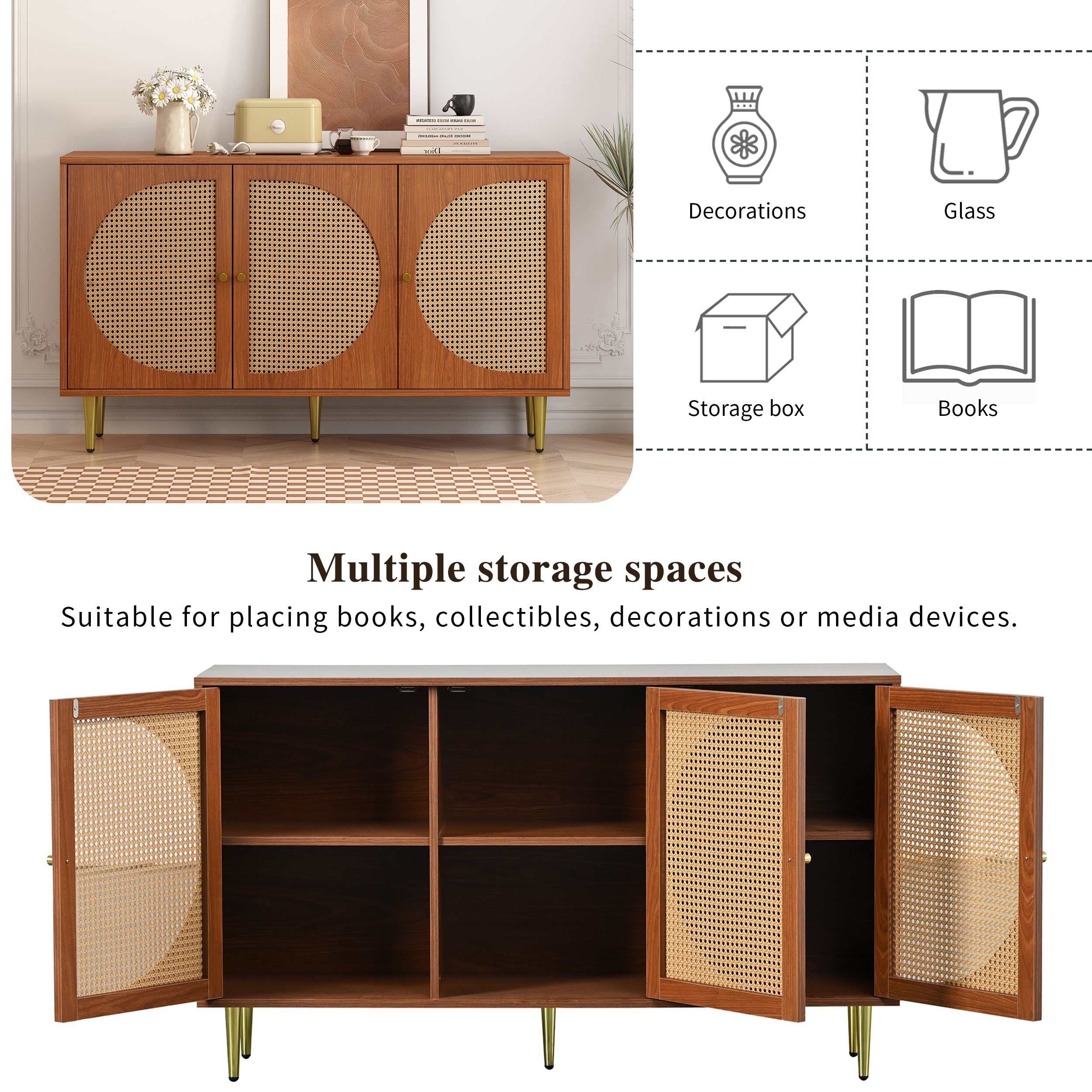 Sideboard, 3 Rattan Doors, Metal Handles, Walnut