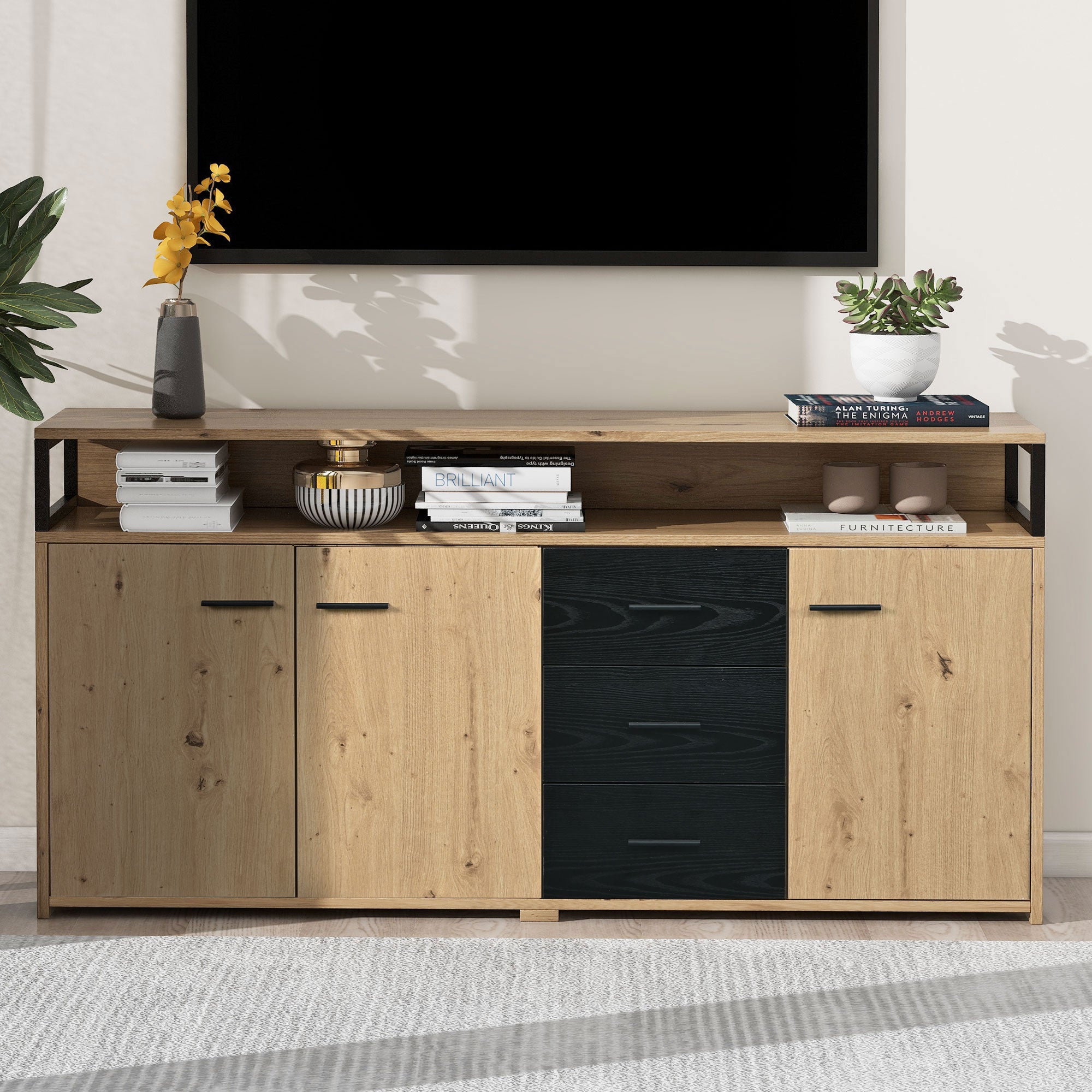 Industrial Sideboard, 3 Doors 3 Drawers, Metal Handles