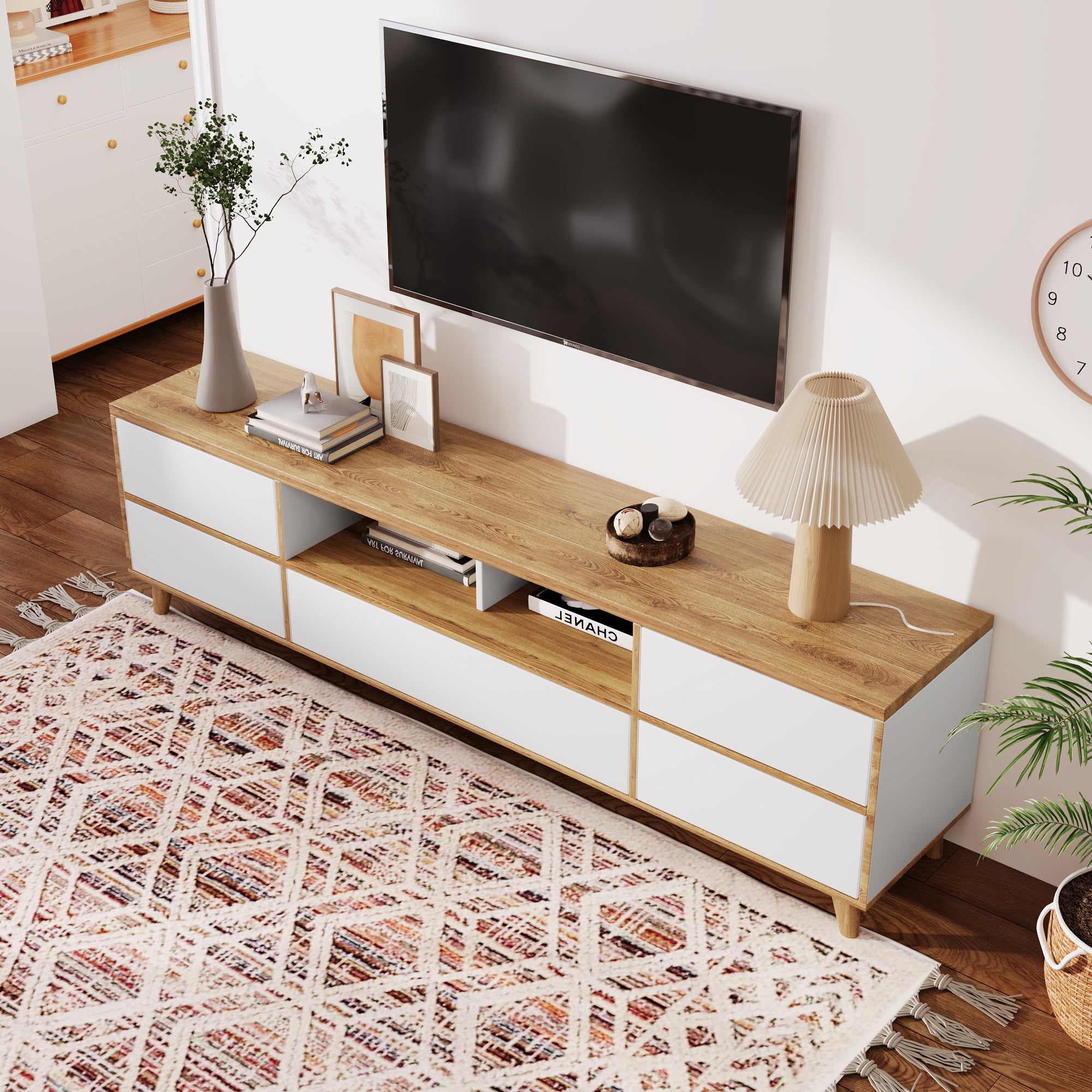 TV Cabinet, Lowboard with Compartments & Doors, White & Wood