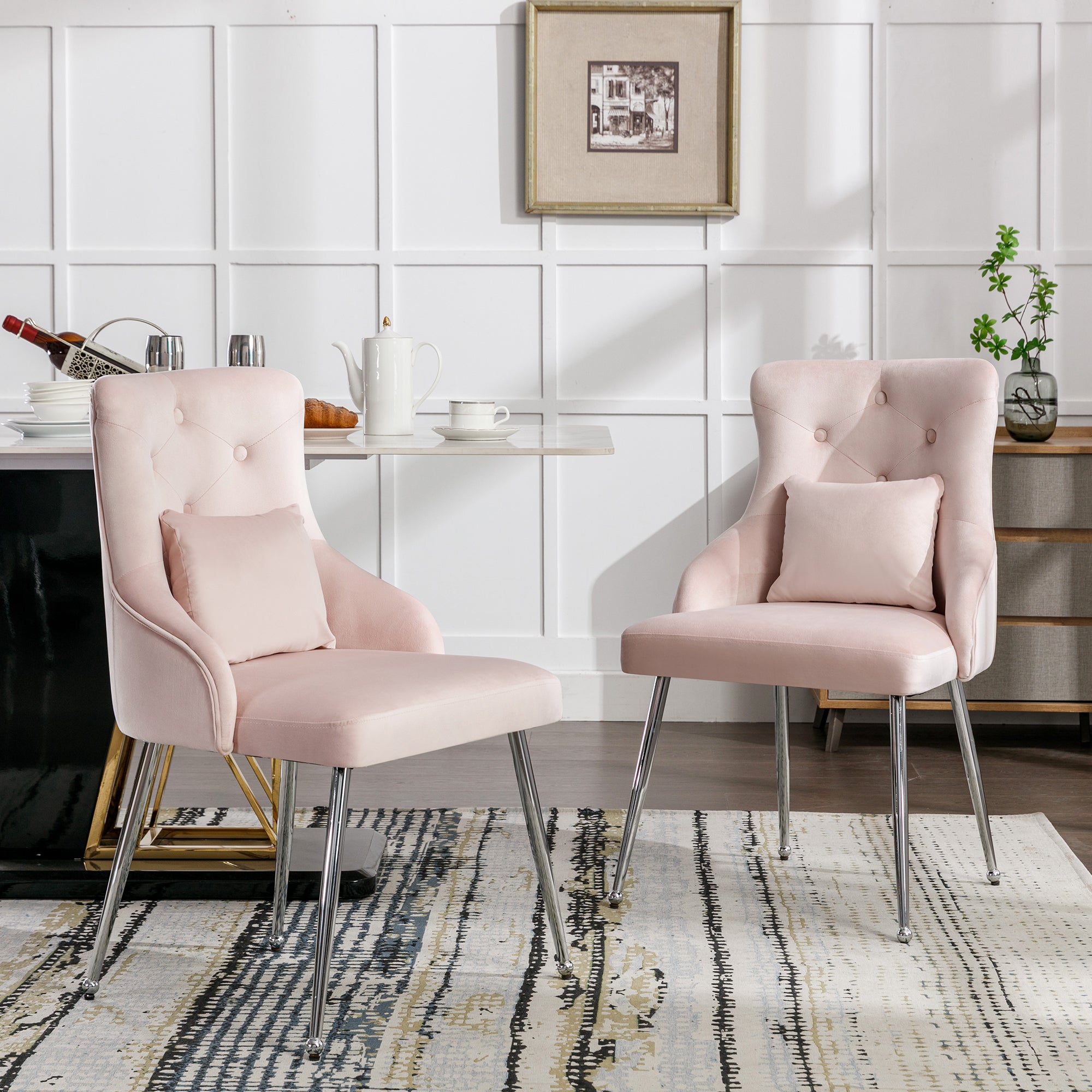 Dining Chairs Set of 2 with Button Pattern and Lumbar Cushion, Pink