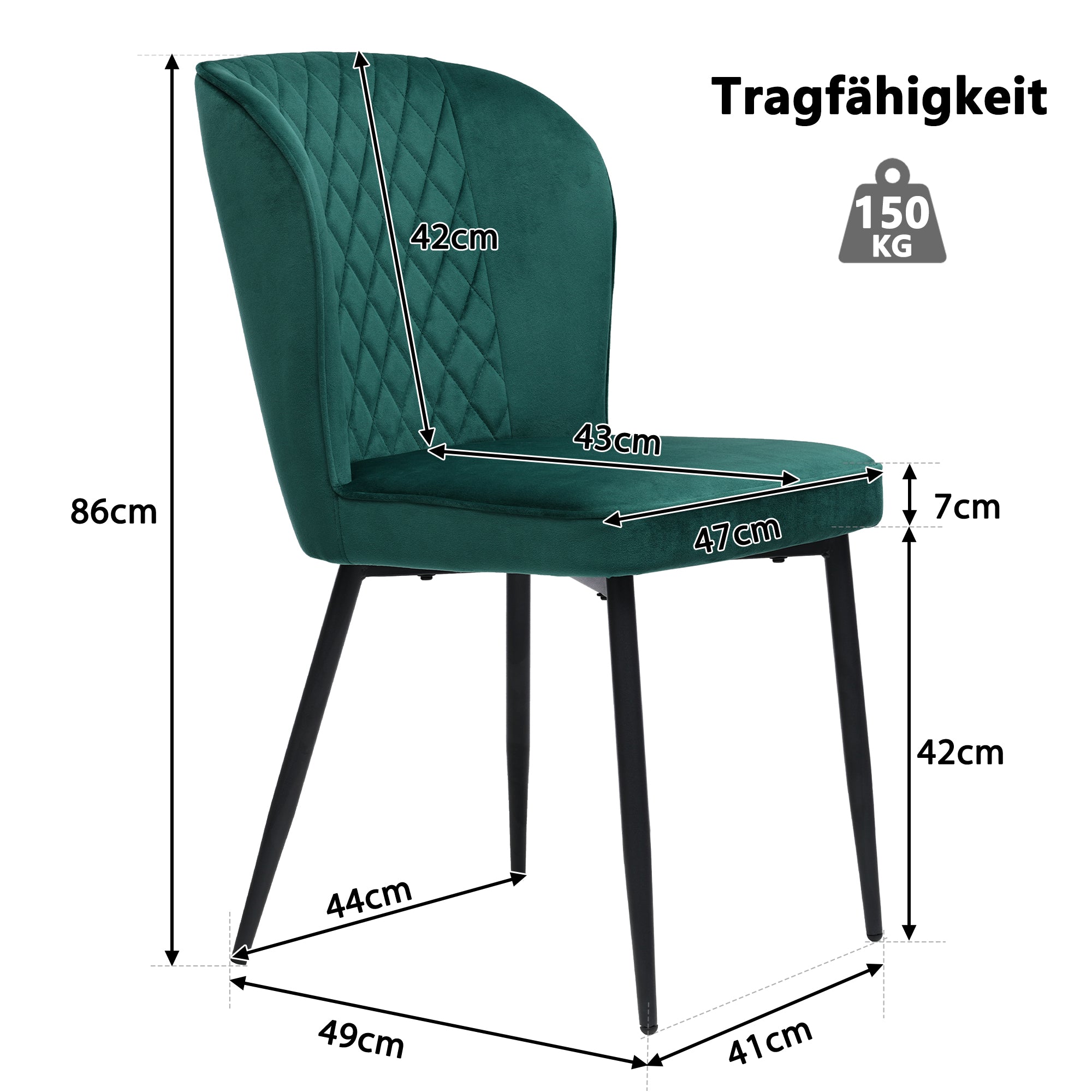 Dining Chair (Set of 4), Upholstered Velvet with Metal Frame, Dark Green