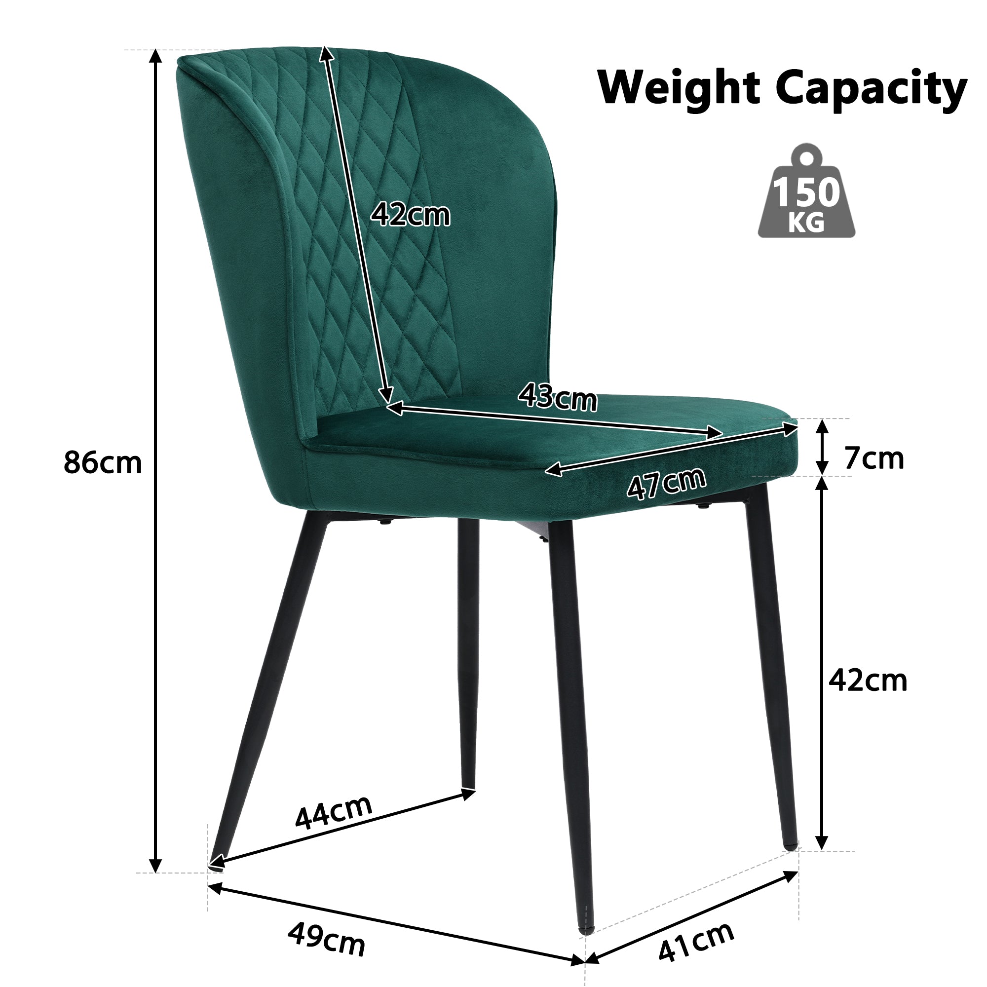 Dining Chair (Set of 4), Upholstered Velvet with Metal Frame, Dark Green