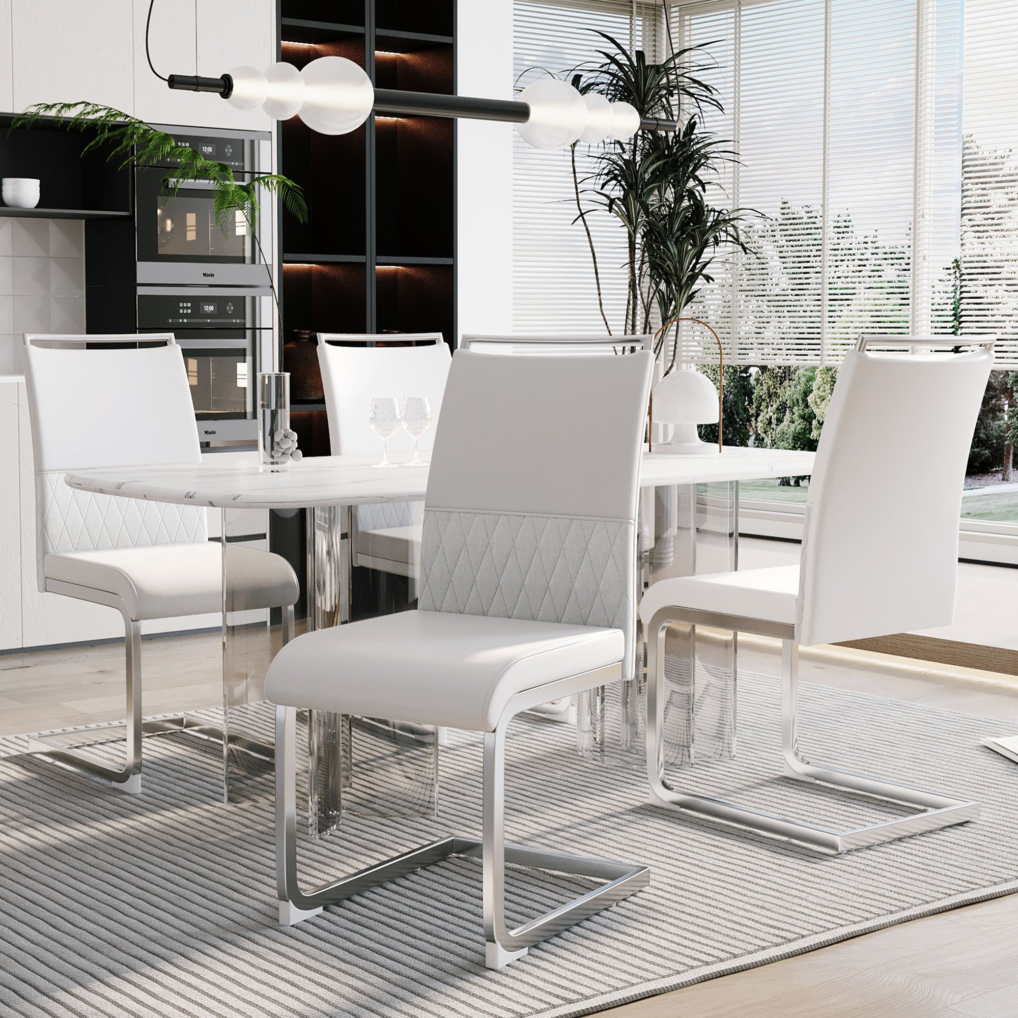 Modern Dining Chairs Set of 4, Upholstered High-Backed Side Chairs with Stripe Backrest, White PU Leather/Linen