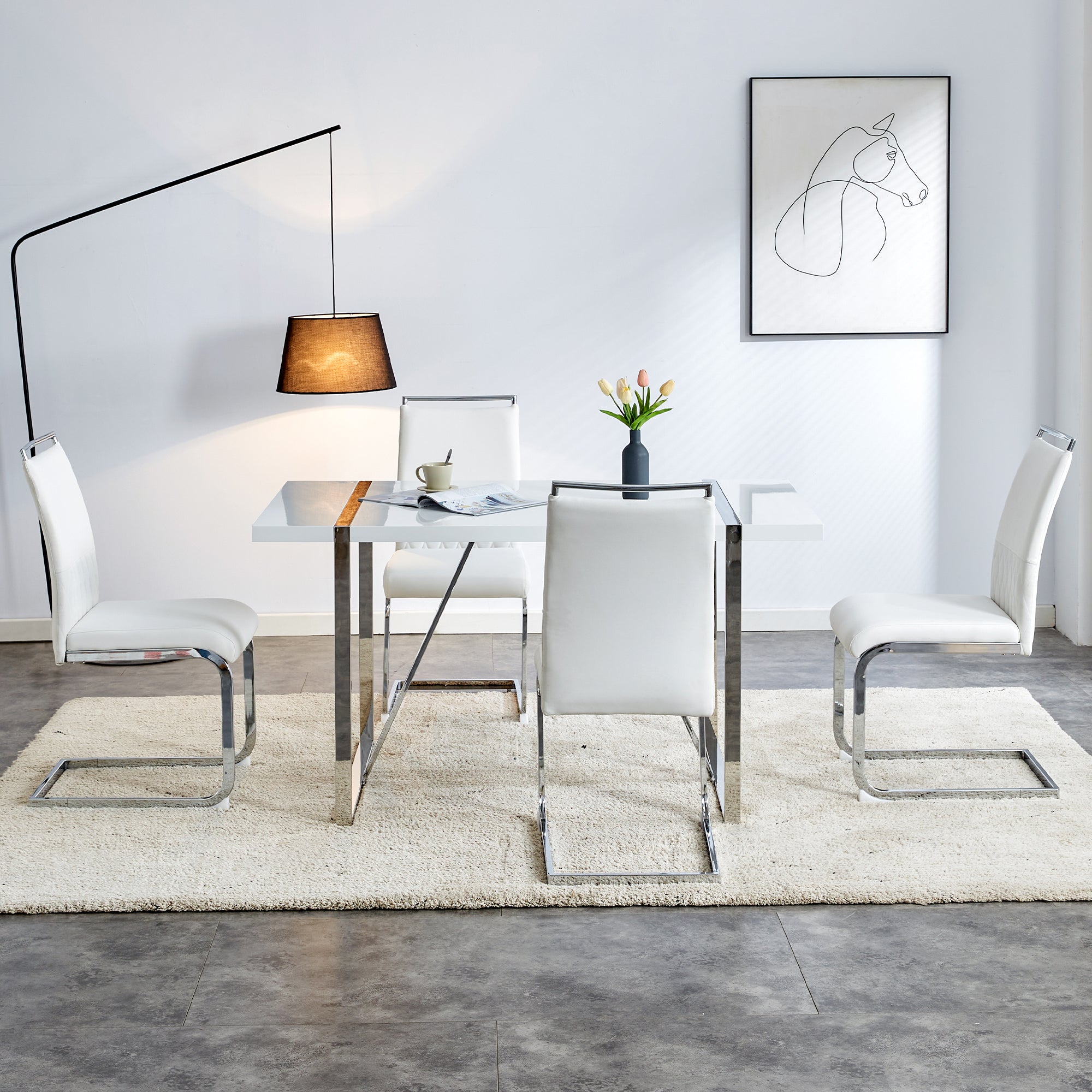 Dining Chairs, Set of 4 Upholstered Side, PU Leather & Linen, White