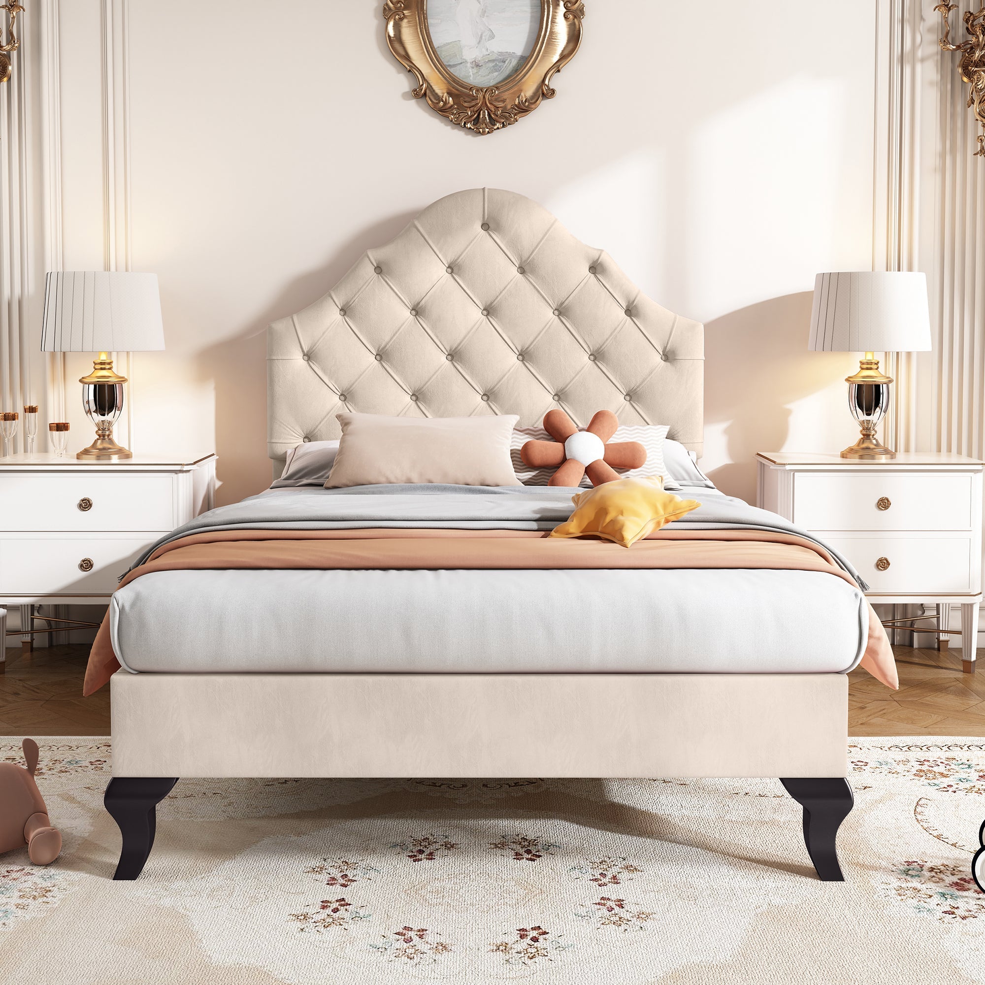 Upholstered Bed 90*190 with Slatted Frame and Height-Adjustable Headboard, Velvet, Beige