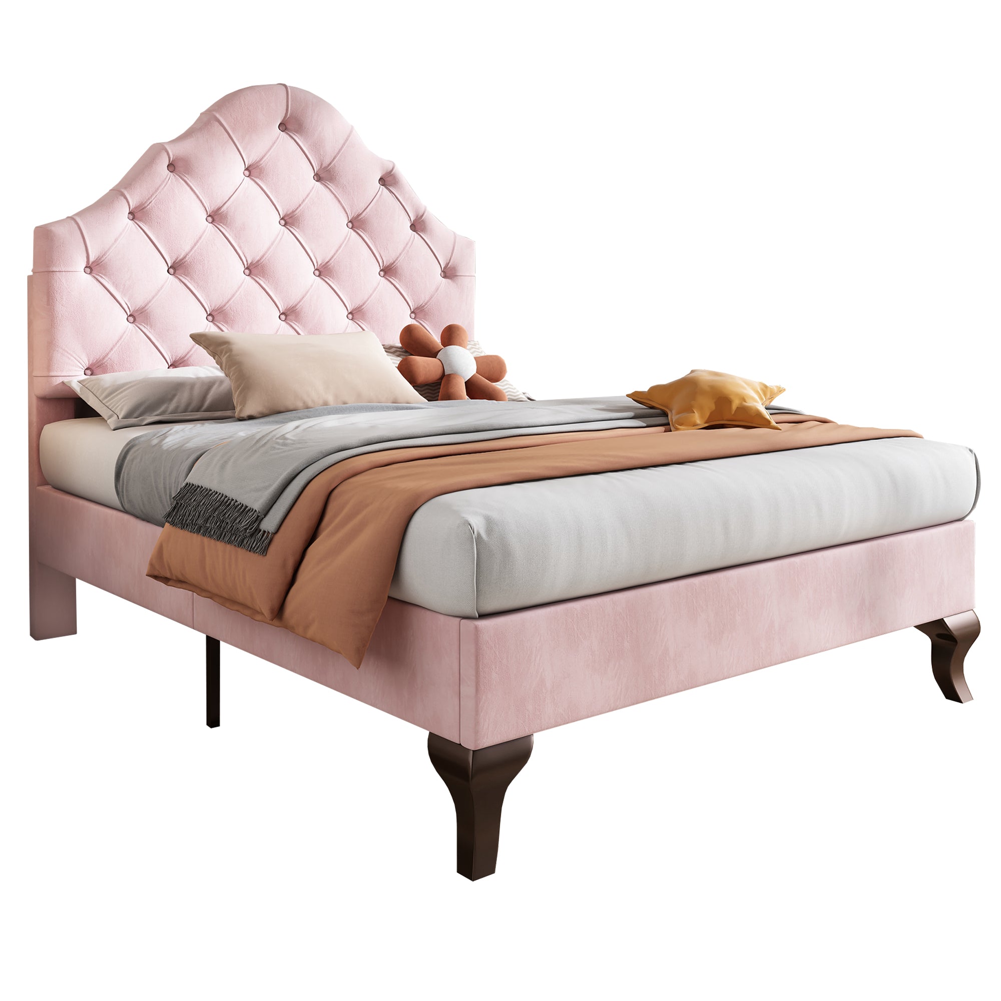 Upholstered Bed 90*190 with Height-Adjustable Headboard, Slatted Frame, Velvet Pink