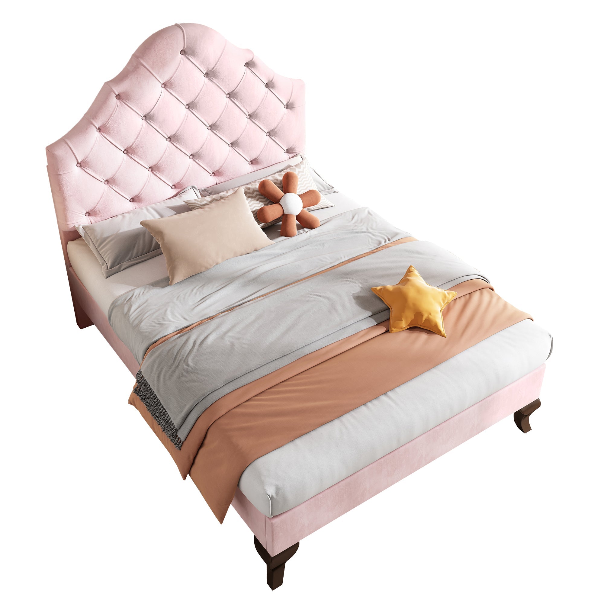 Upholstered Bed 90*190 with Height-Adjustable Headboard, Slatted Frame, Velvet Pink
