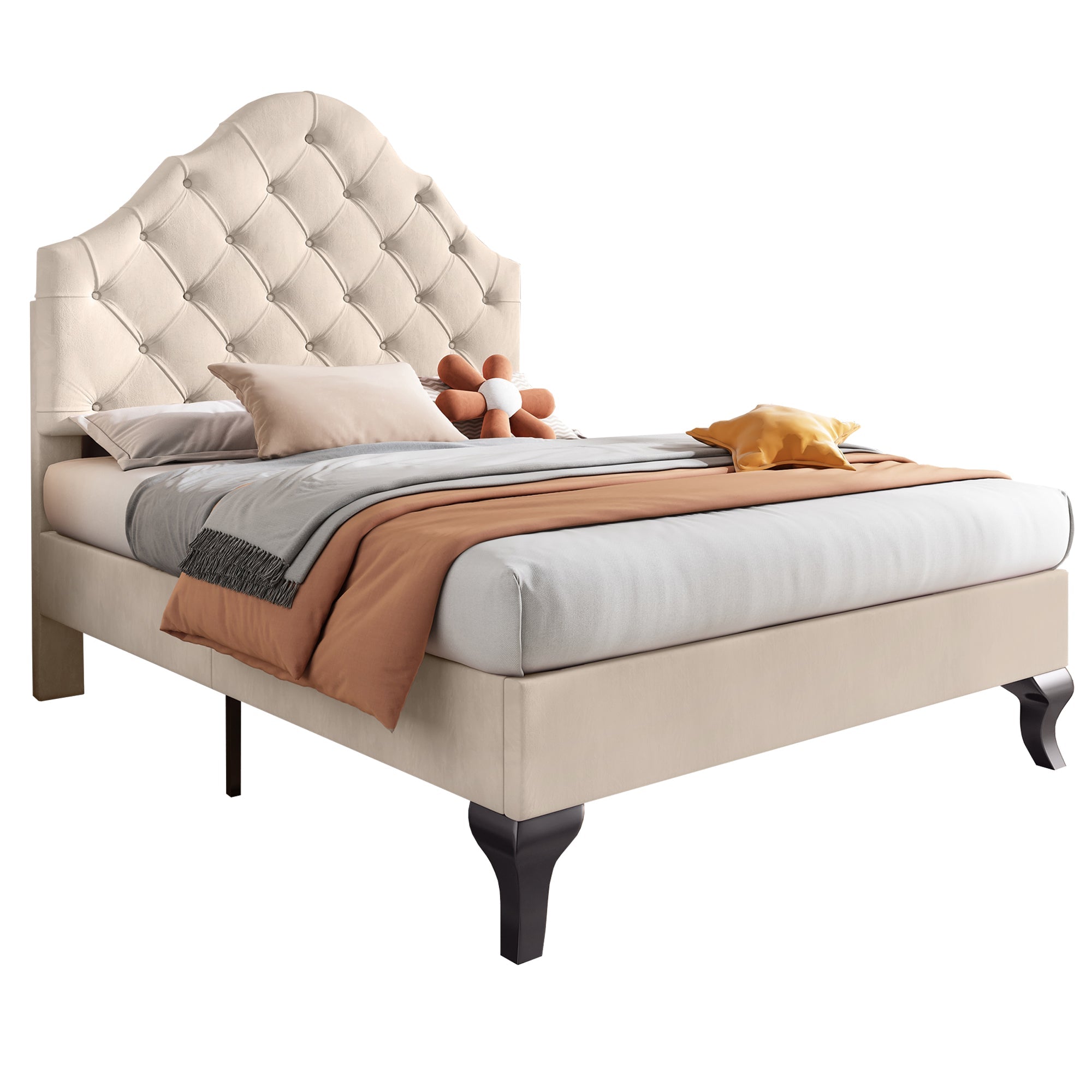 Upholstered Bed 90*190 with Slatted Frame and Height-Adjustable Headboard, Velvet, Beige