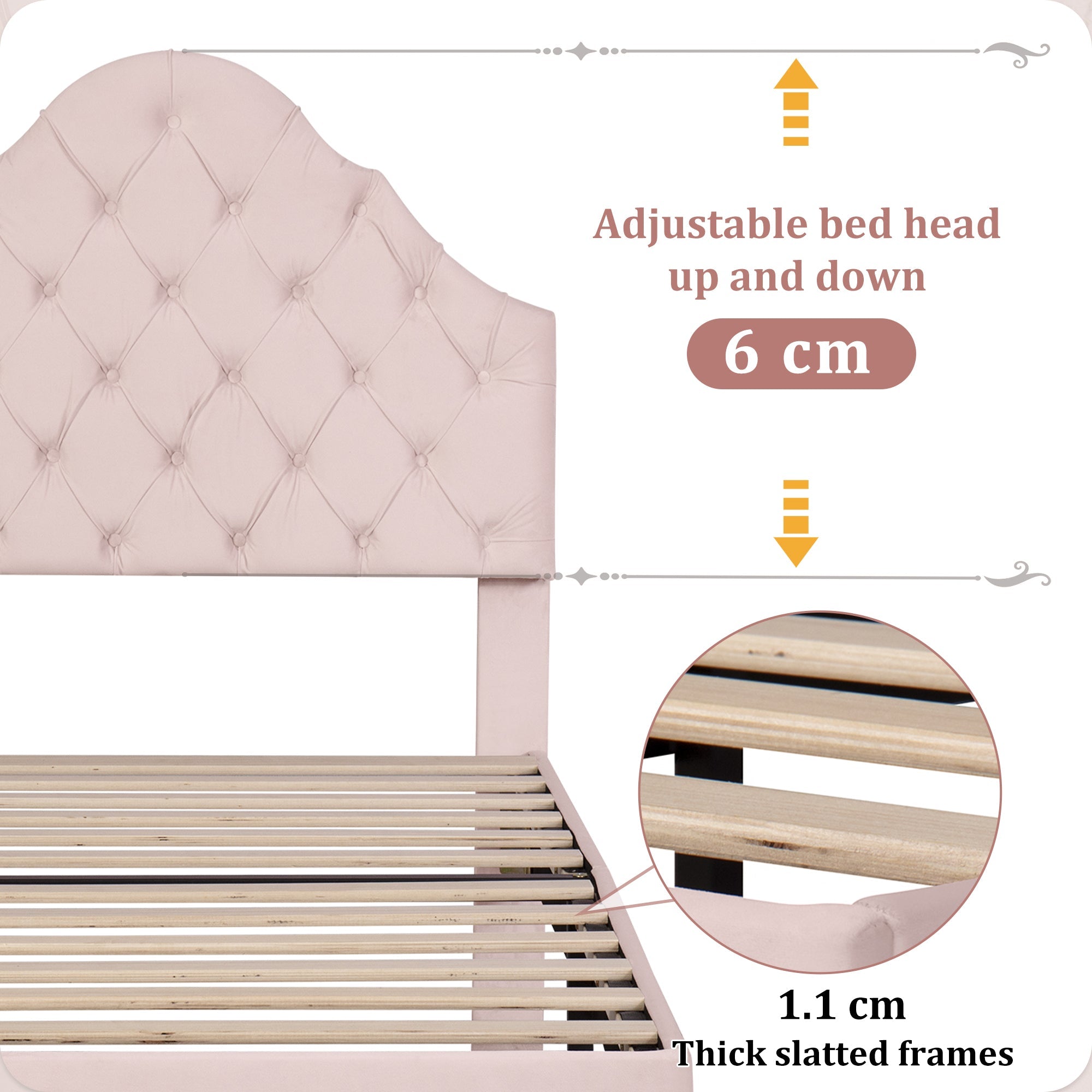 Upholstered Bed 90*190 with Height-Adjustable Headboard, Slatted Frame, Velvet Pink