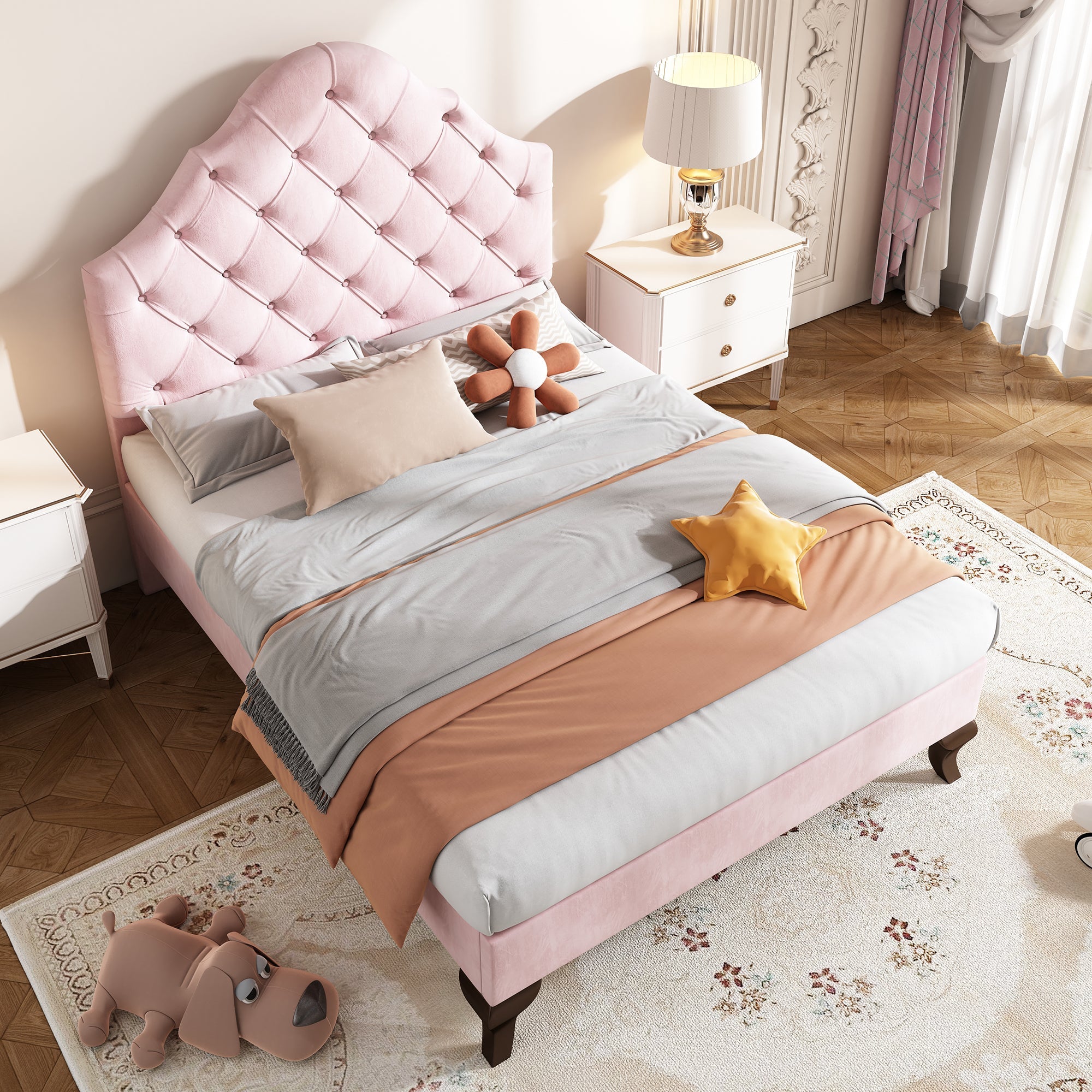 Upholstered Bed 90*190 with Height-Adjustable Headboard, Slatted Frame, Velvet Pink