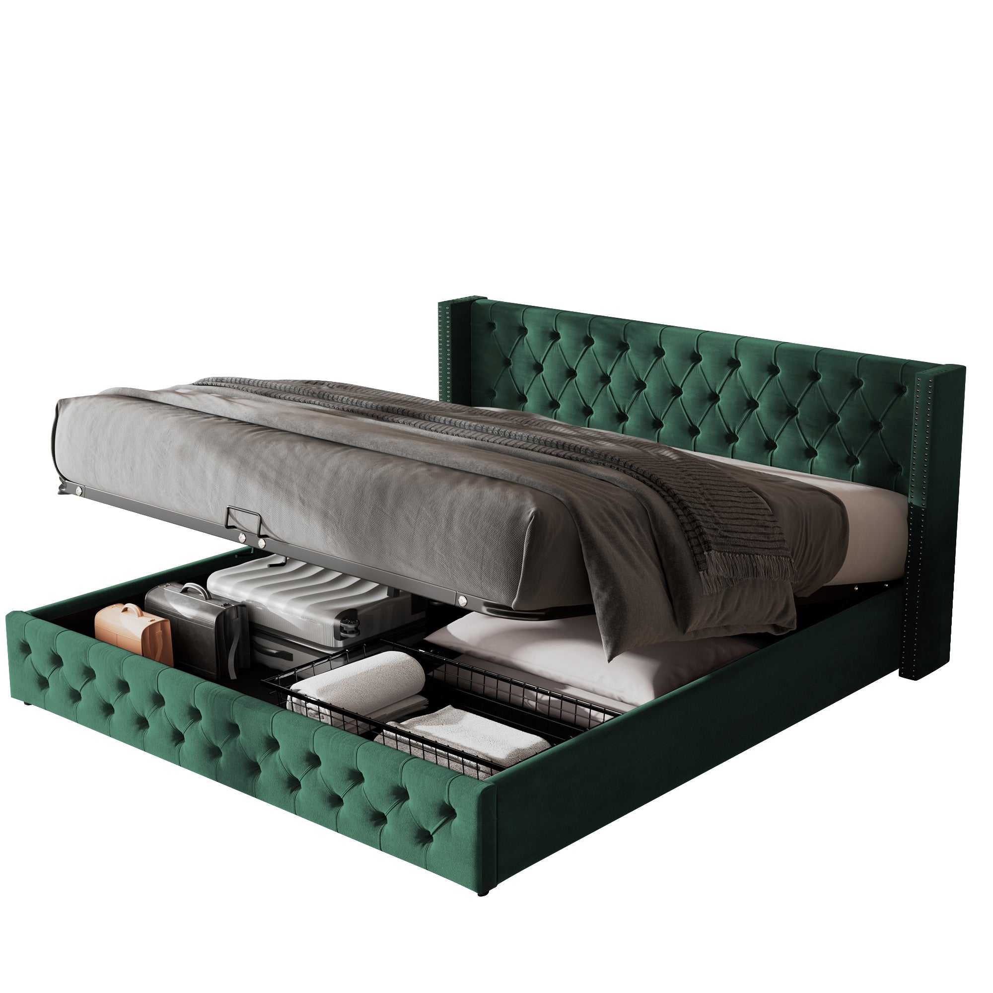 Upholstered Bed, 135x190cm, Hydraulic Lift Storage, Velvet Green