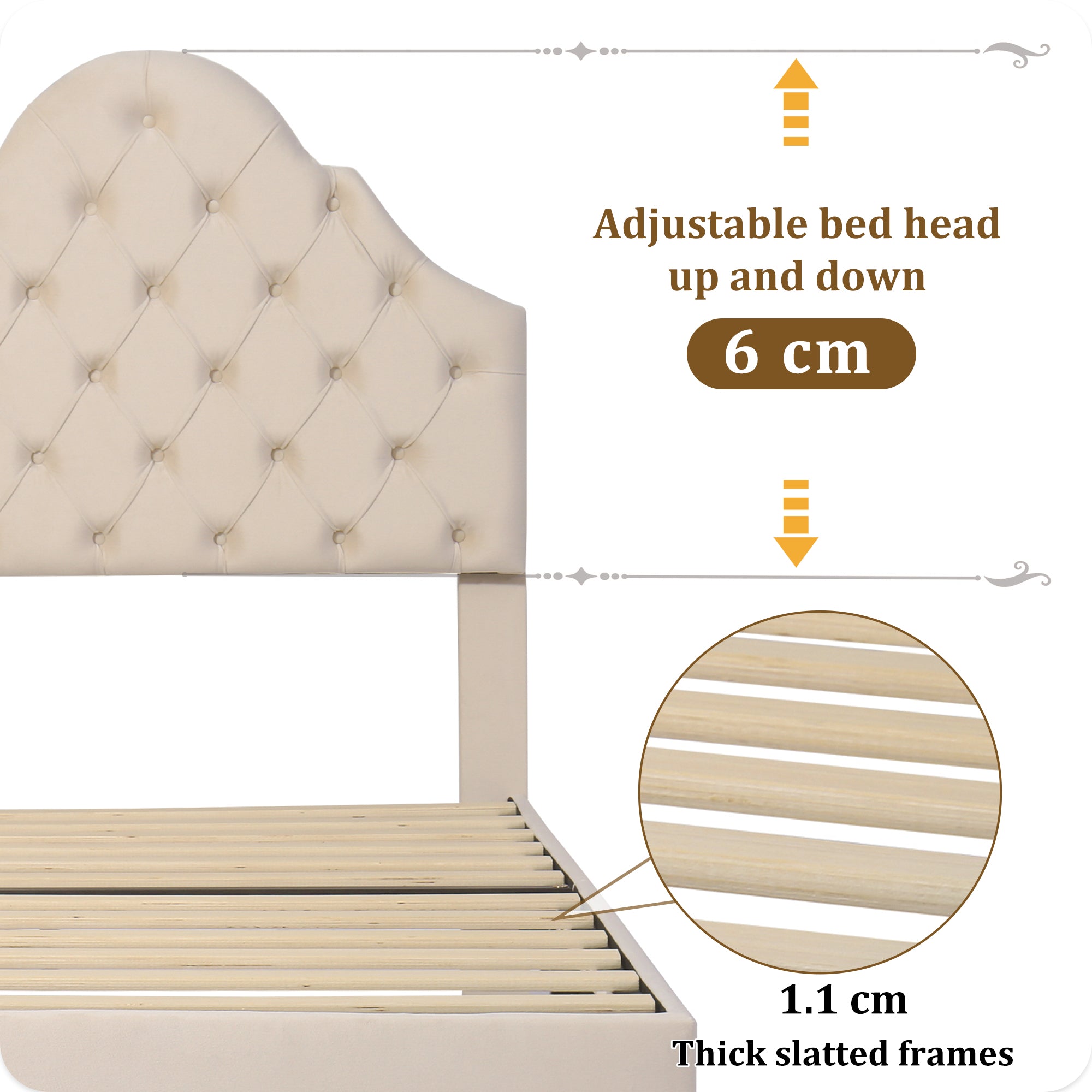 Upholstered Bed 90*190 with Slatted Frame and Height-Adjustable Headboard, Velvet, Beige