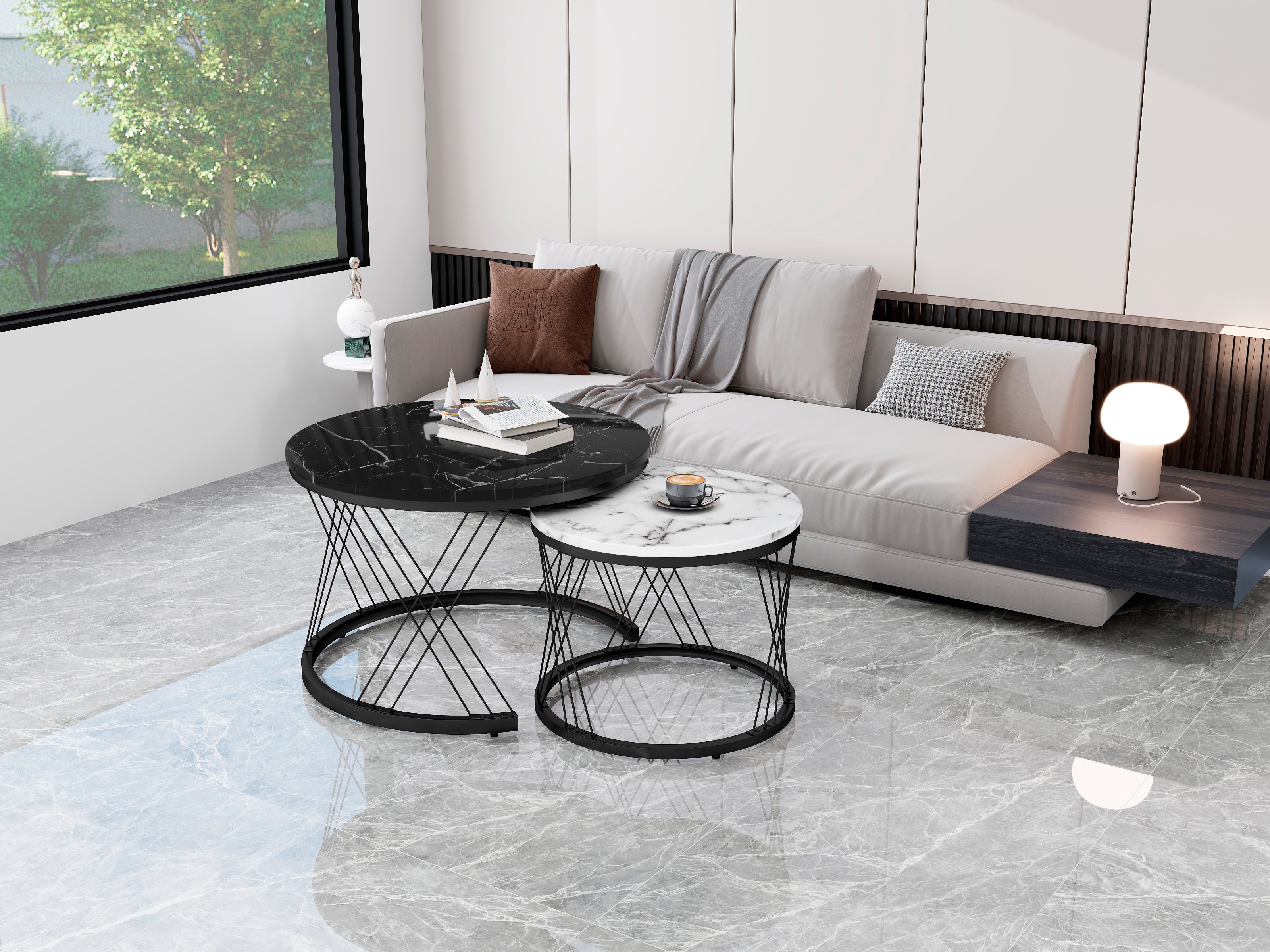 WF307775BAA Round Coffee Table, Modern Set of 2 with Marble Pattern Top and Metal Frame, White and Black