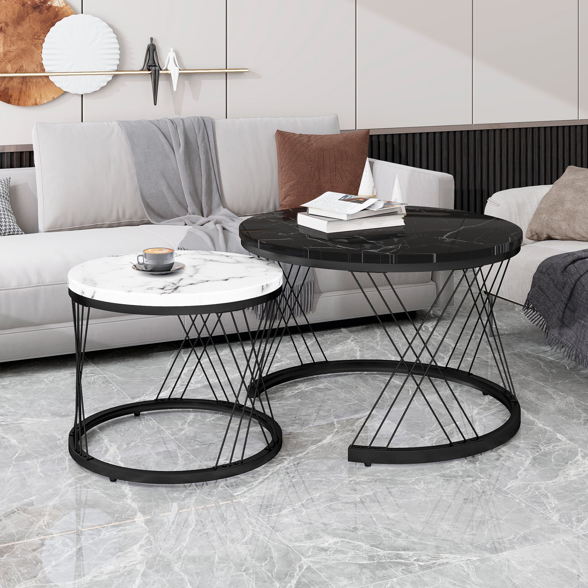 WF307775BAA Round Coffee Table, Modern Set of 2 with Marble Pattern Top and Metal Frame, White and Black