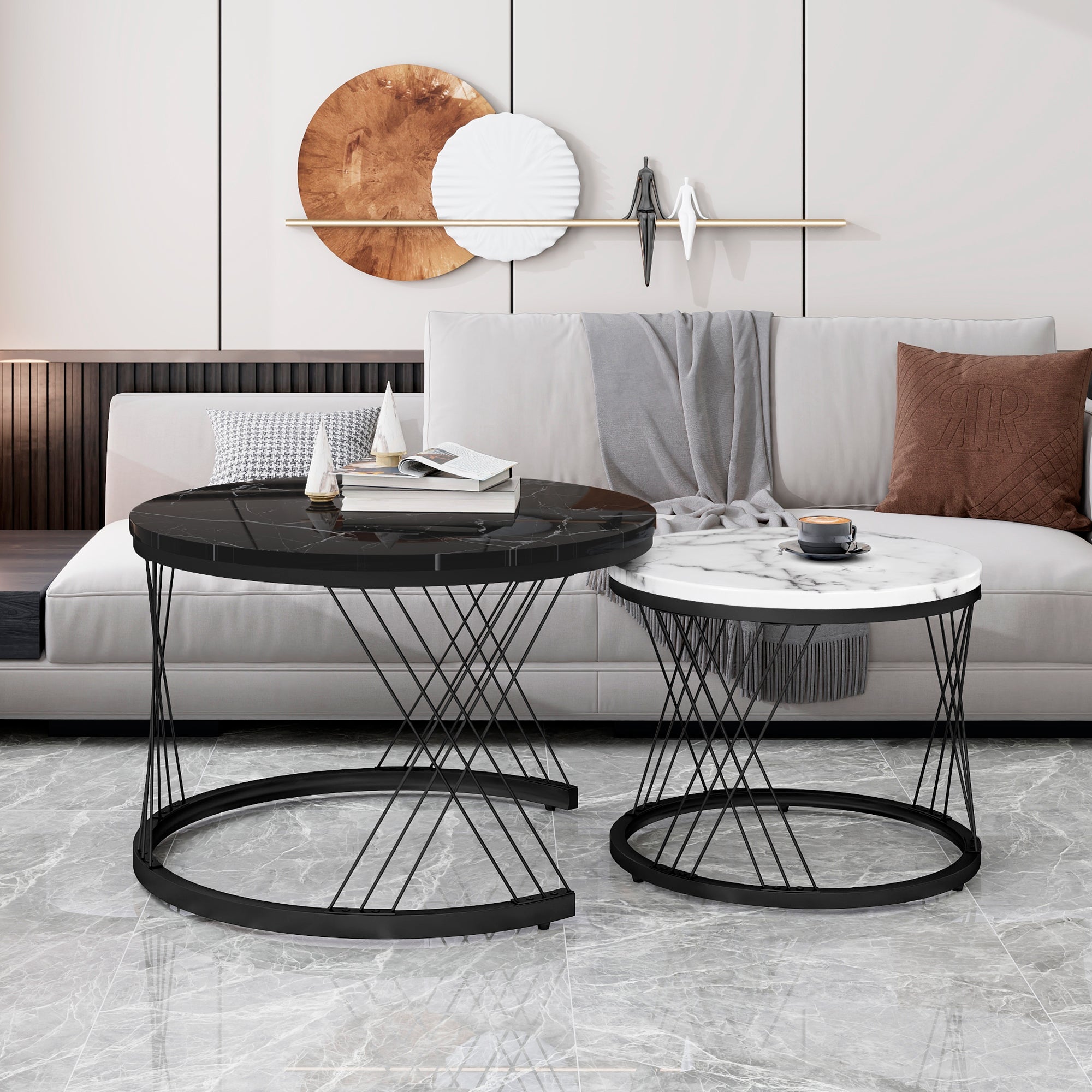WF307775BAA Round Coffee Table, Modern Set of 2 with Marble Pattern Top and Metal Frame, White and Black