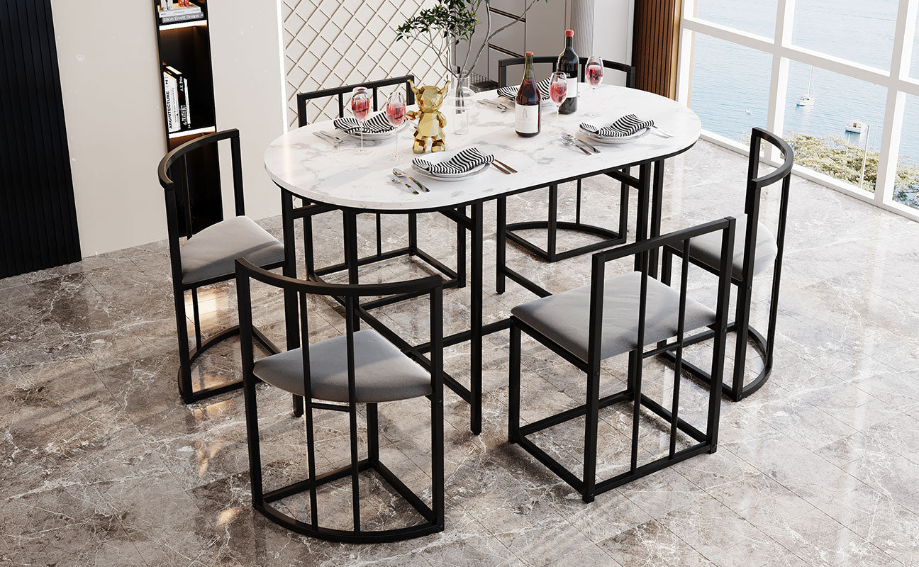 Dining Table Set, Six-Chair Modern Combination with Backrests, White/Grey/Black Iron