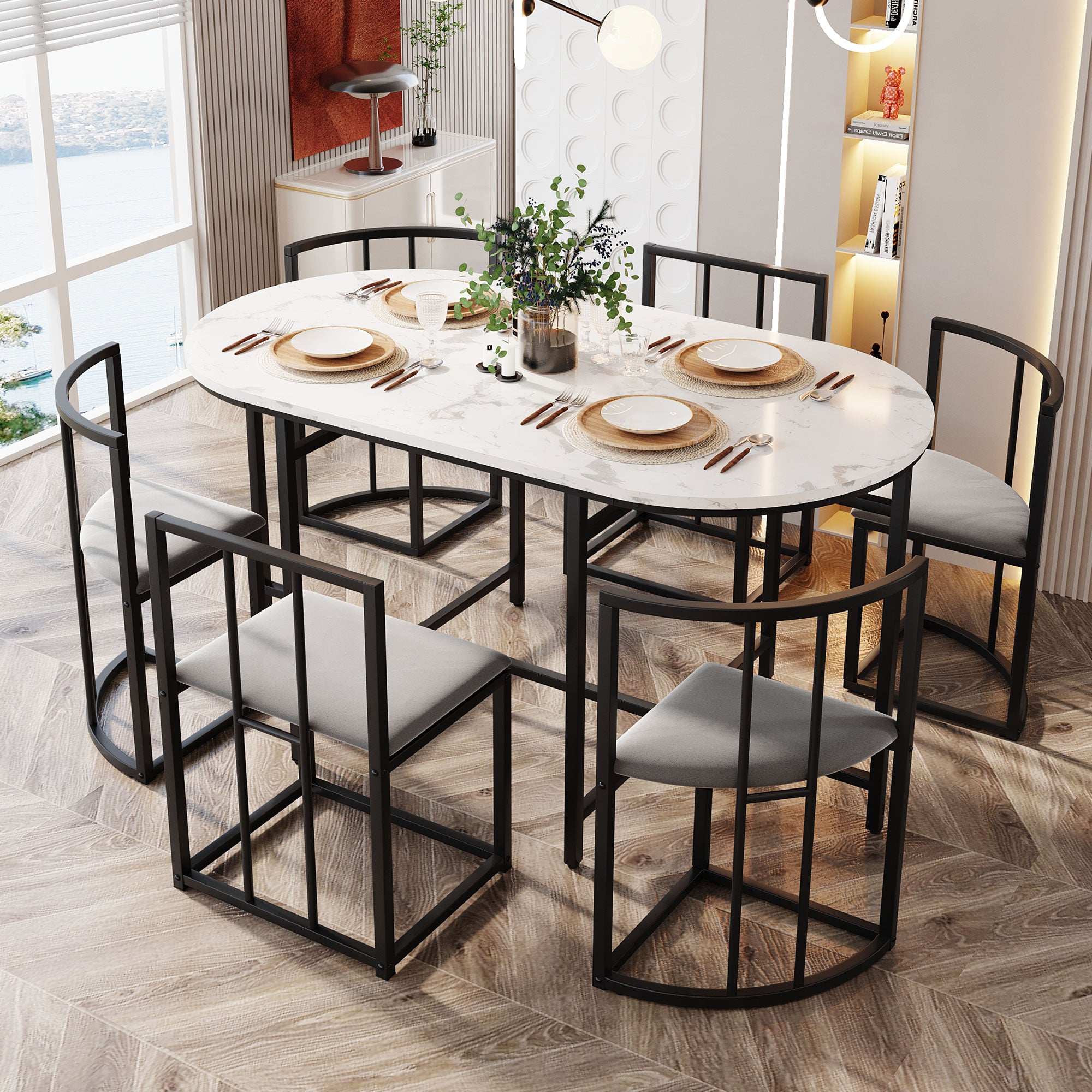 Dining Table Set, Six-Chair Modern Combination with Backrests, White/Grey/Black Iron