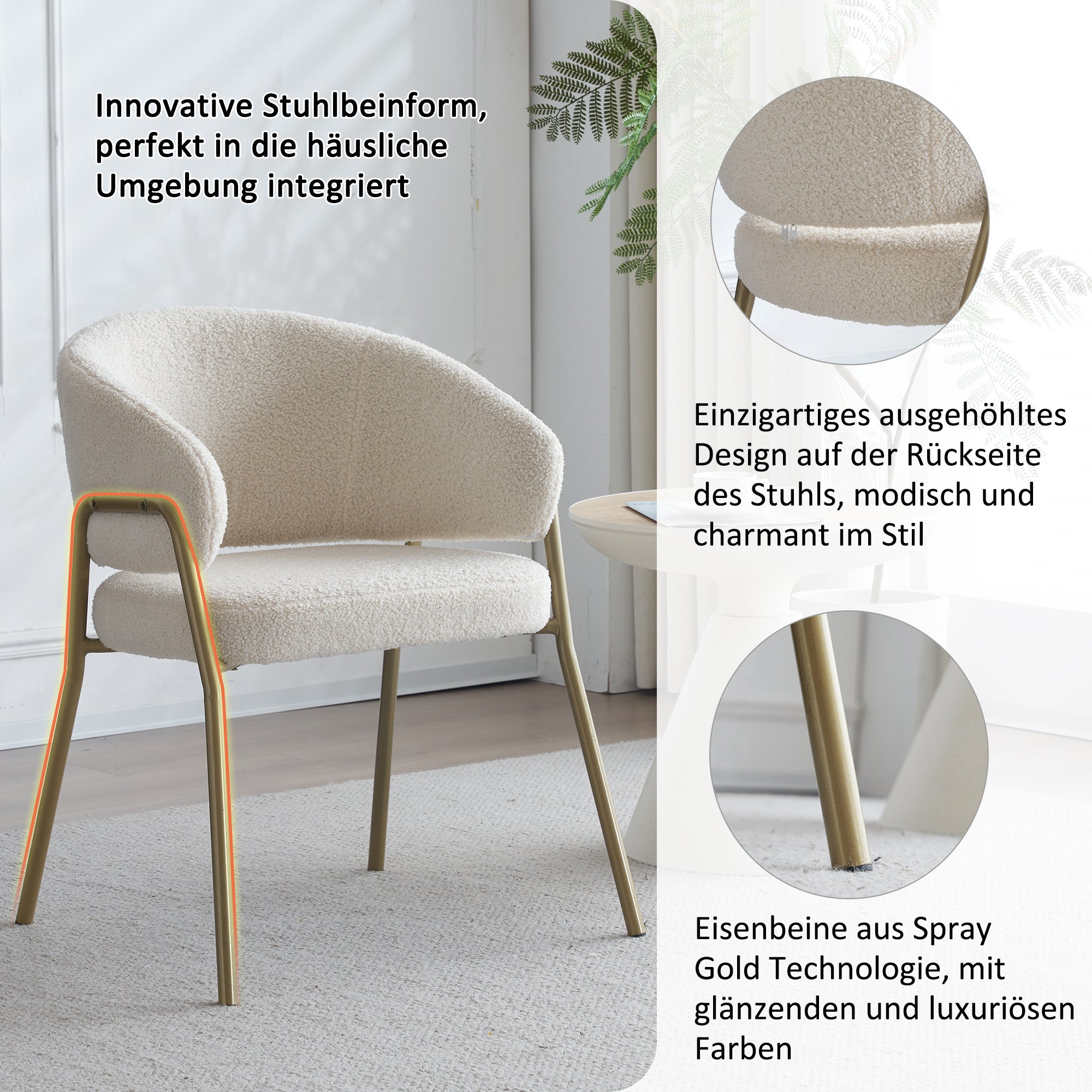 White Dining Chair - Modern, Lamb Velvet, Gold Finish