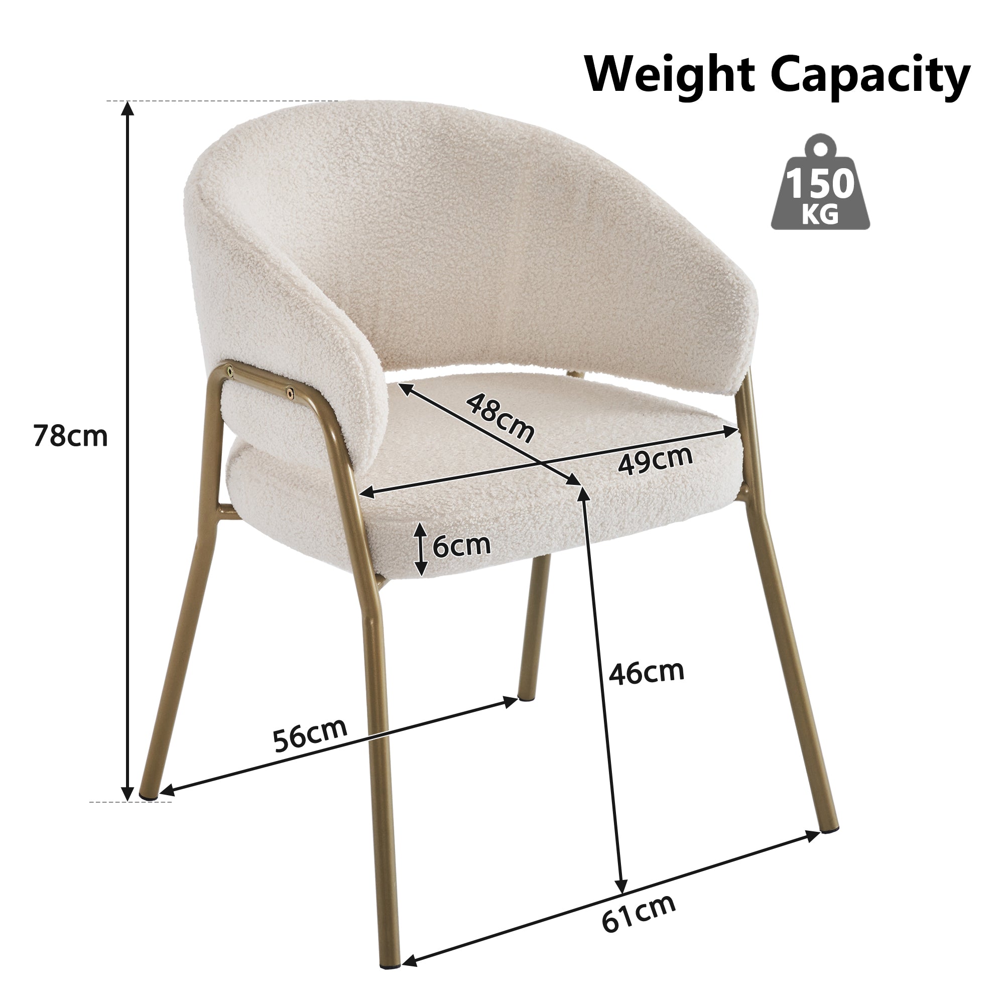 White Dining Chair - Modern, Lamb Velvet, Gold Finish