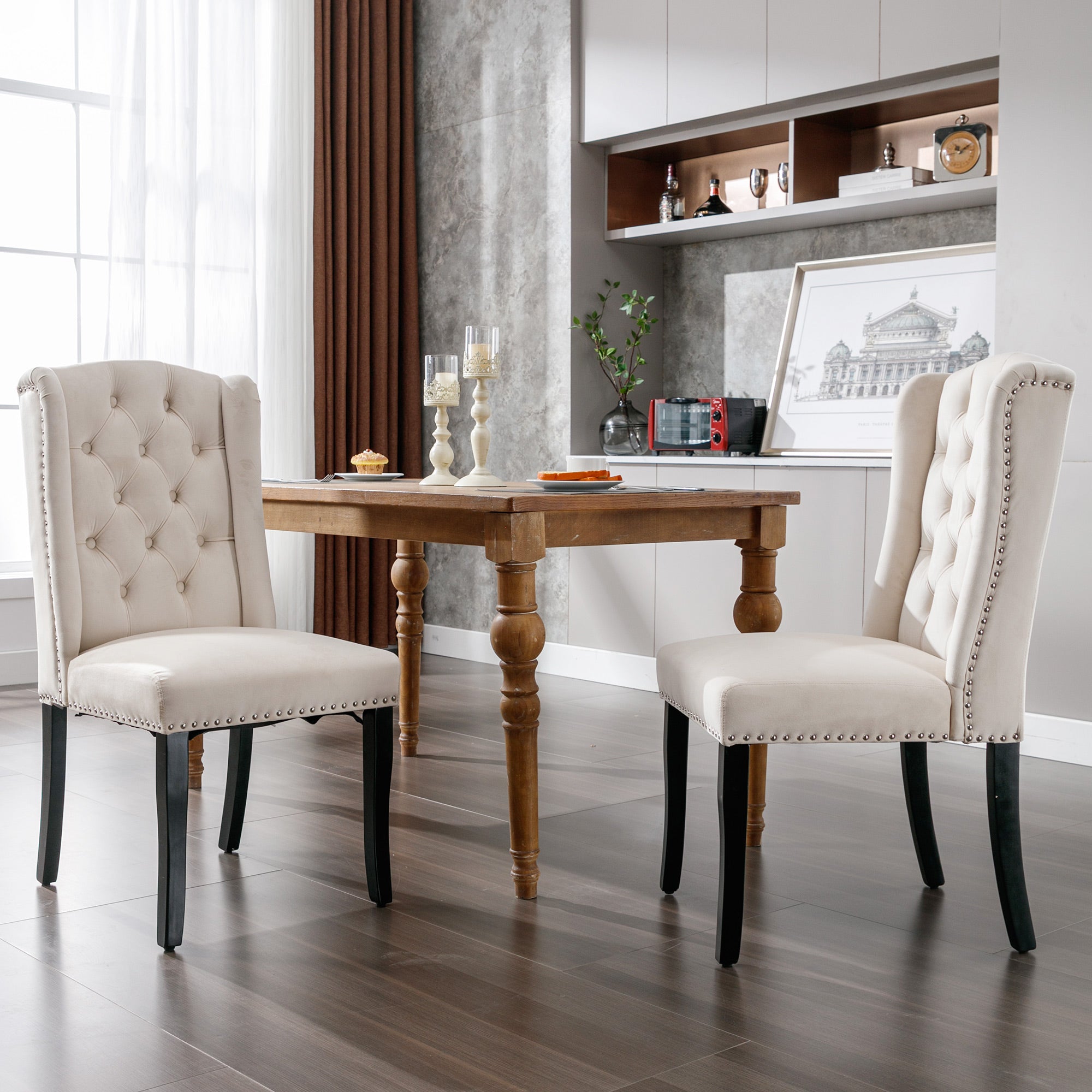 Velvet Dining Chairs Set of 6 with Oak Legs and Chrome Knockers, Beige