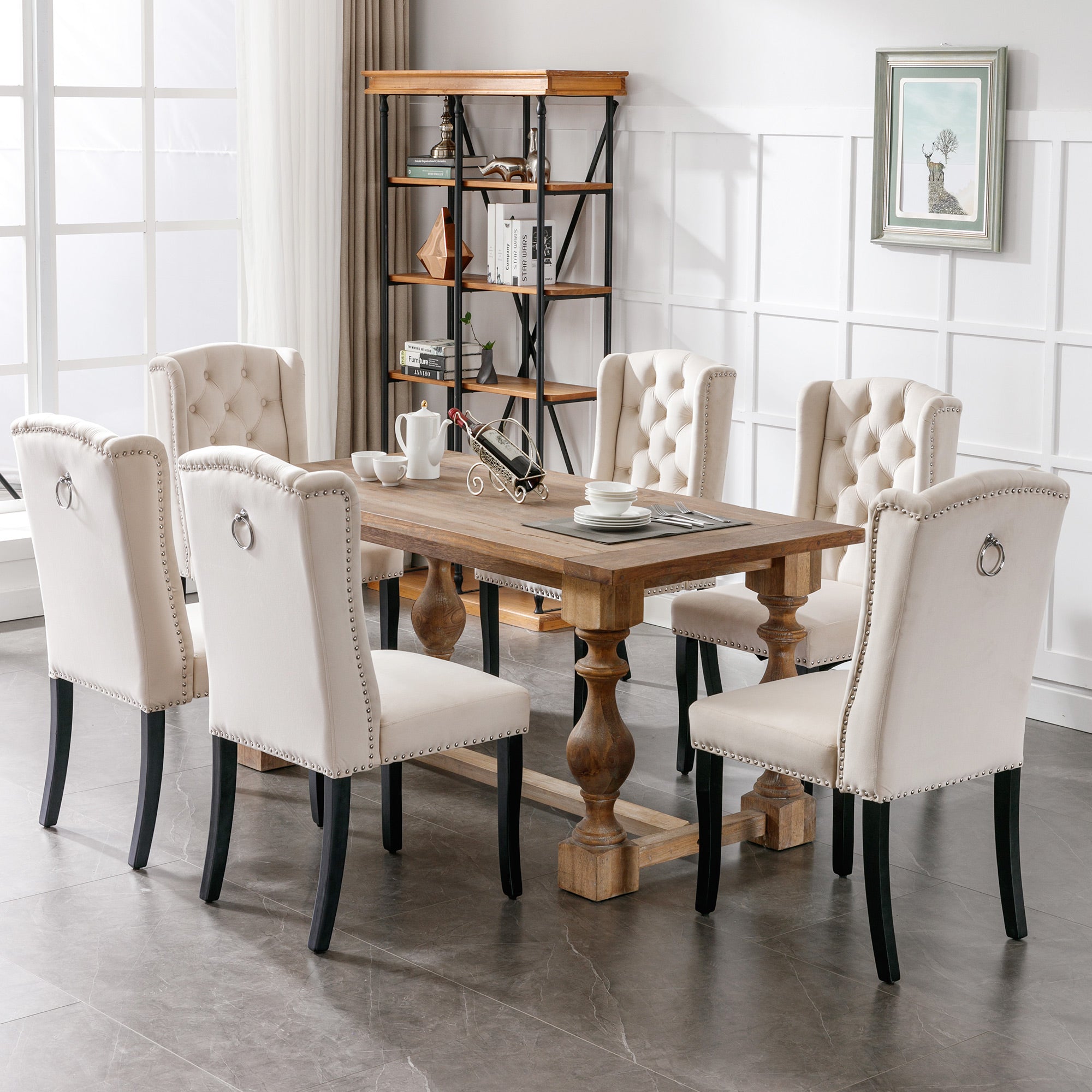 Velvet Dining Chairs Set of 6 with Oak Legs and Chrome Knockers, Beige