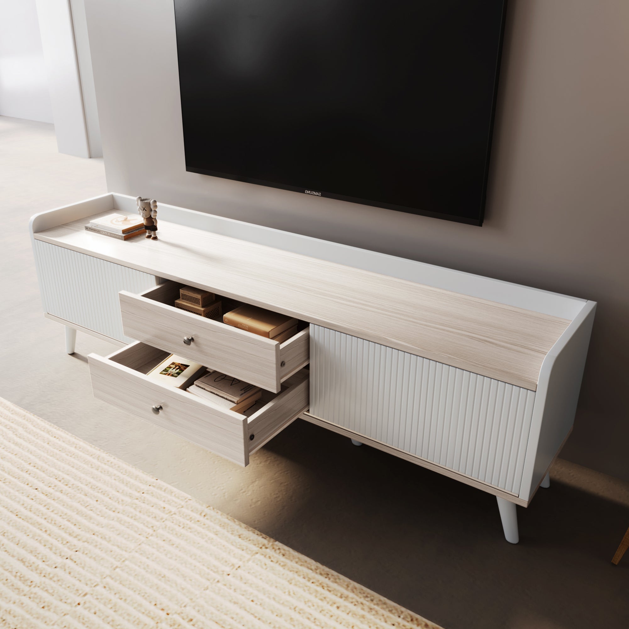 TV Cabinet, Two Drawers, Sliding Doors, White and Natural Wood