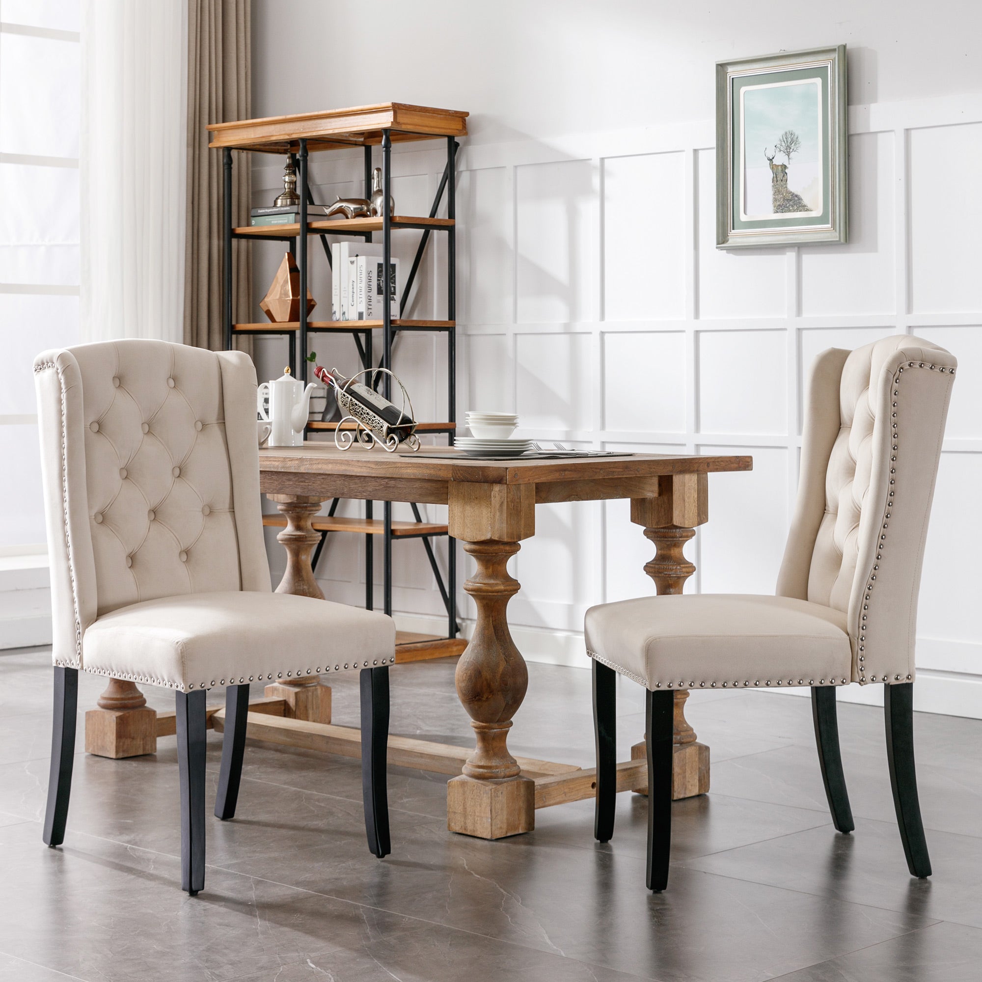 Velvet Dining Chairs Set of 6 with Oak Legs and Chrome Knockers, Beige