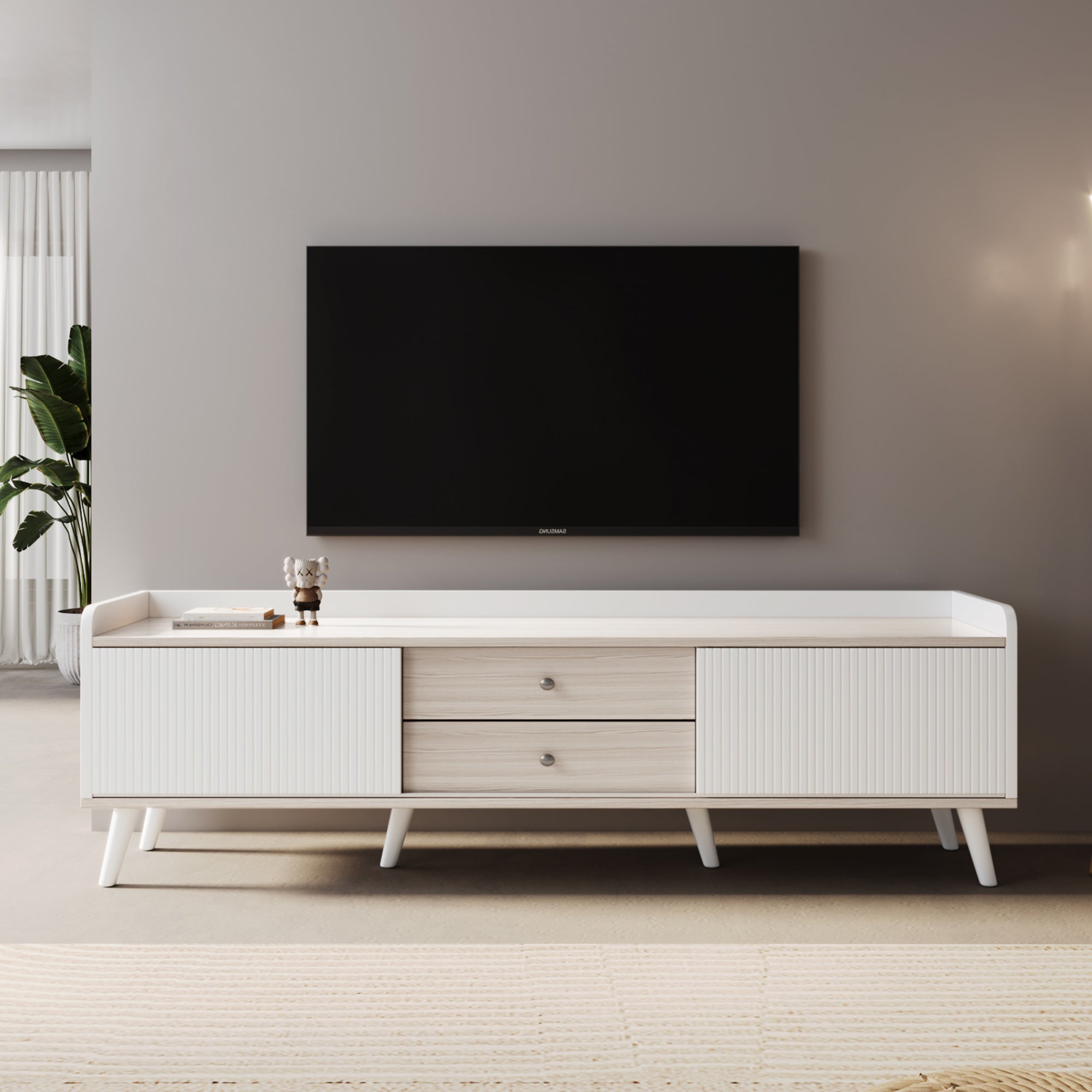 TV Cabinet, Two Drawers, Sliding Doors, White and Natural Wood