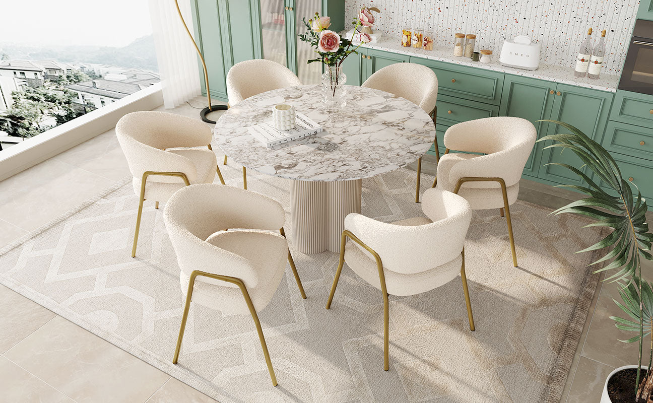 Dining Chair (Set of 6), Modern Lamb Velvet with Golden Legs, White