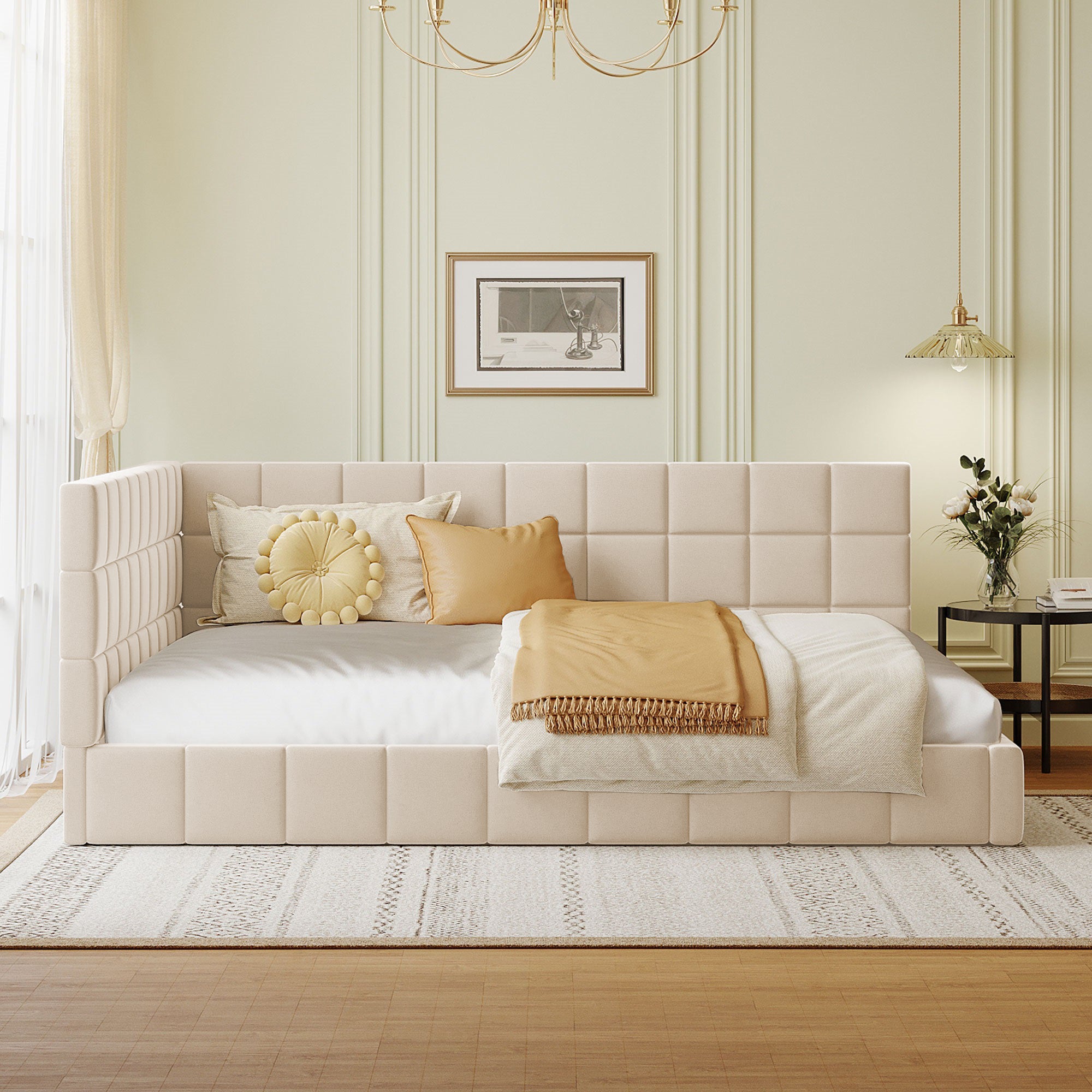 Upholstered Bed Sofa, 140x200 Multifunctional with Slatted Frame, Beige Velvet