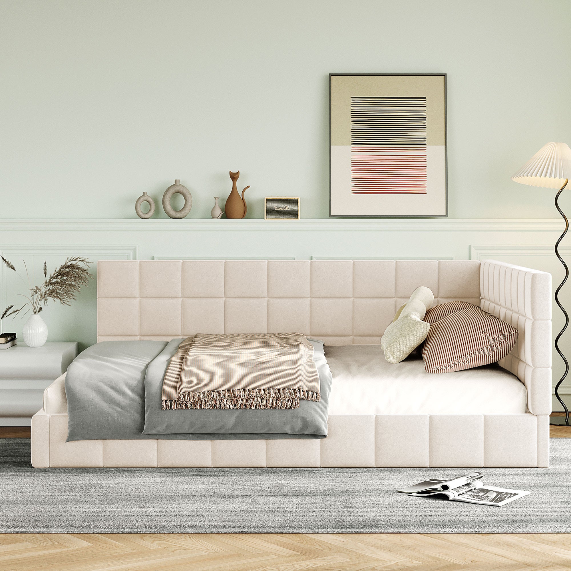 Upholstered Bed Sofa, 140x200 Multifunctional with Slatted Frame, Beige Velvet