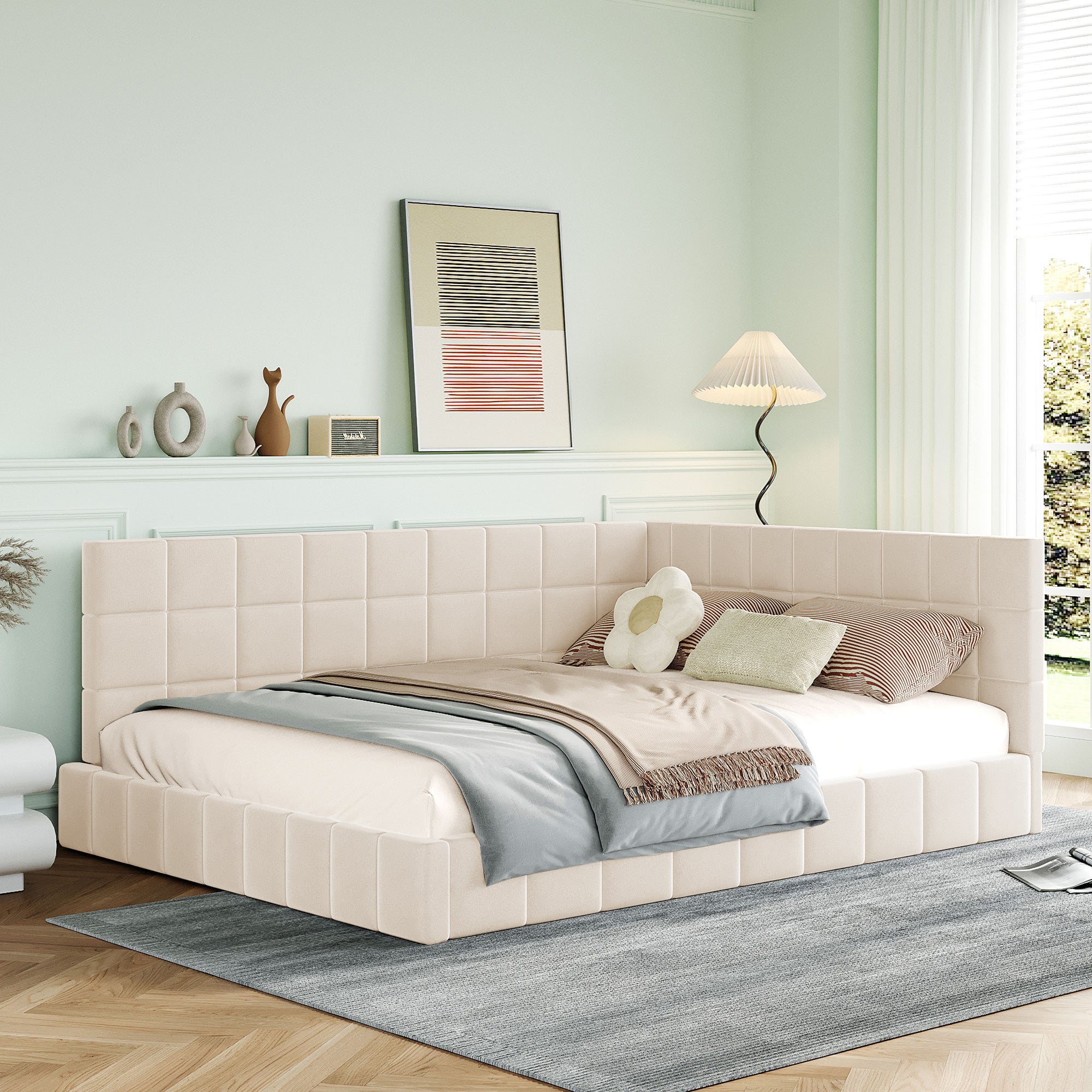 Upholstered Bed Sofa, 140x200 Multifunctional with Slatted Frame, Beige Velvet