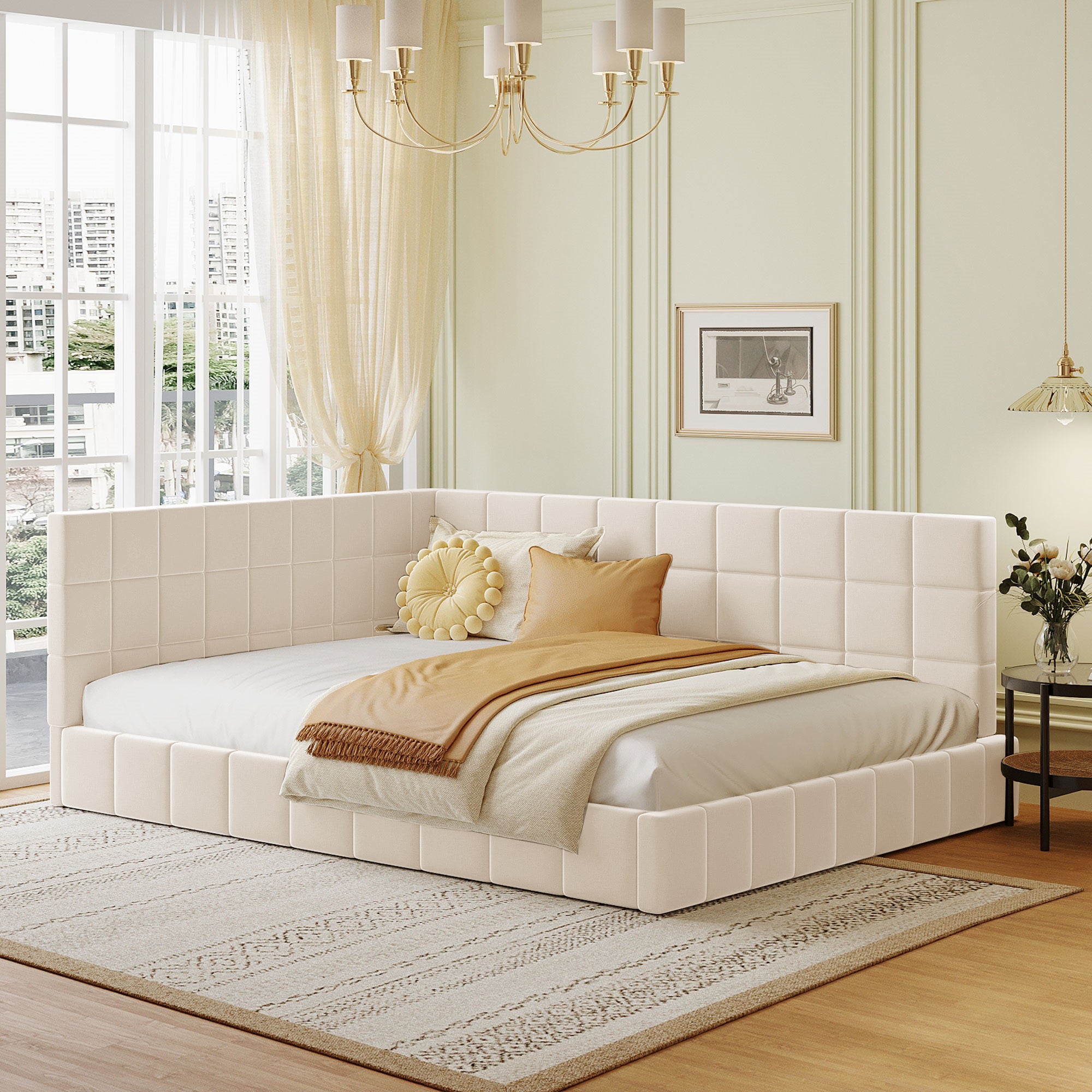 Upholstered Bed Sofa, 140x200 Multifunctional with Slatted Frame, Beige Velvet