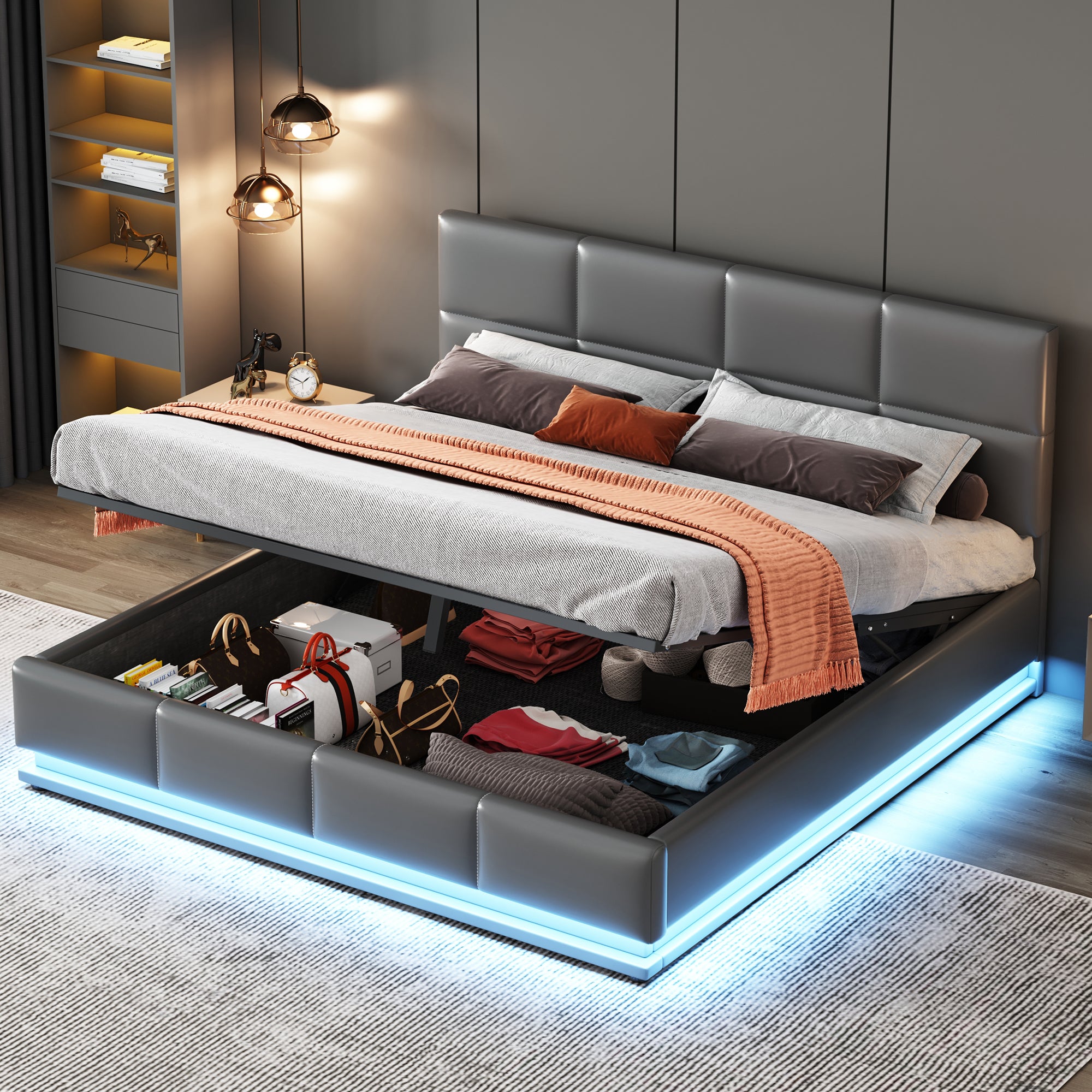 Upholstered Bed, 160x200cm, LED, Hydraulic Storage, Grey