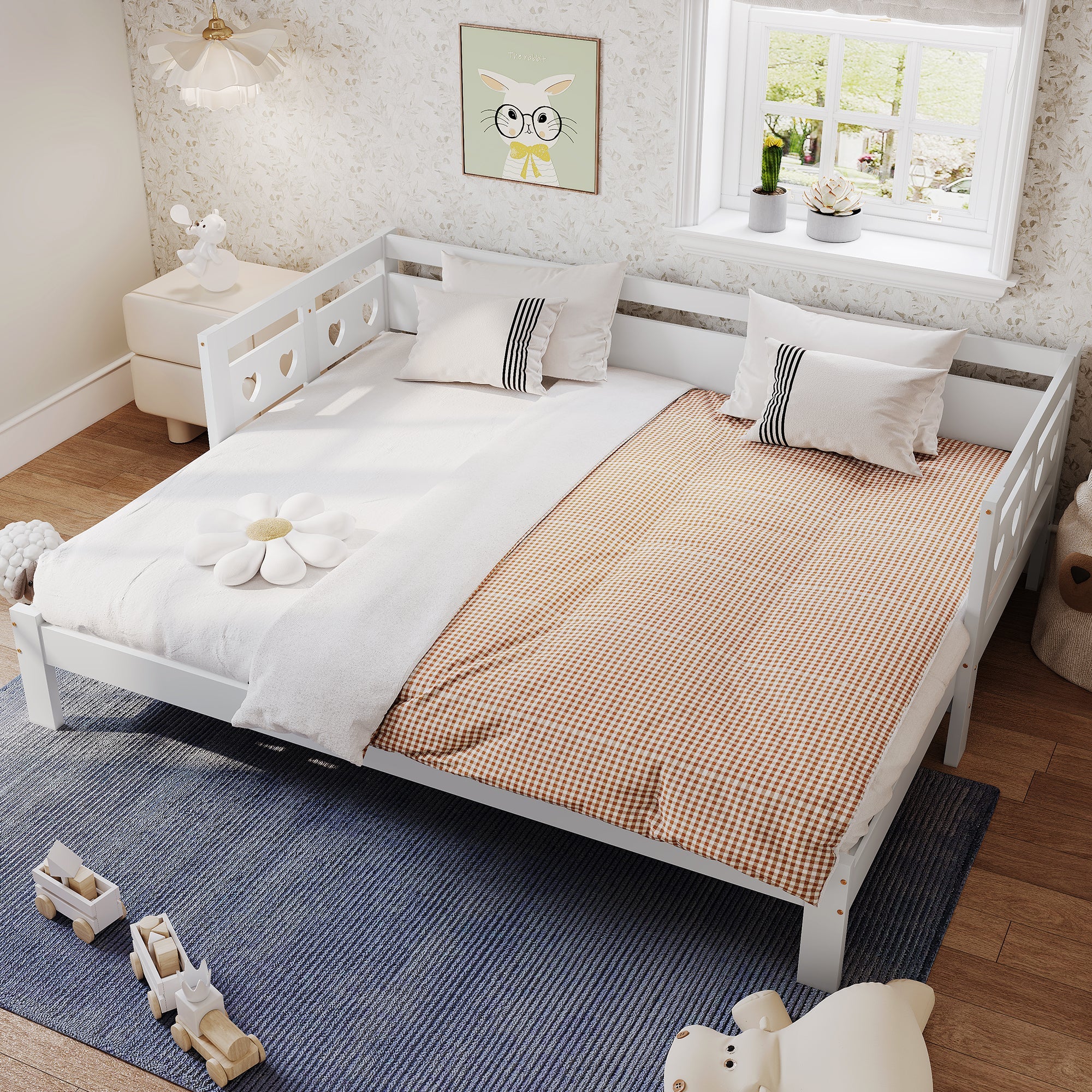 Daybed Cabin Bed Wooden 3FT Single Sofa Guest Bed with Pull-out Trundle, Heart-Shaped, White Wood