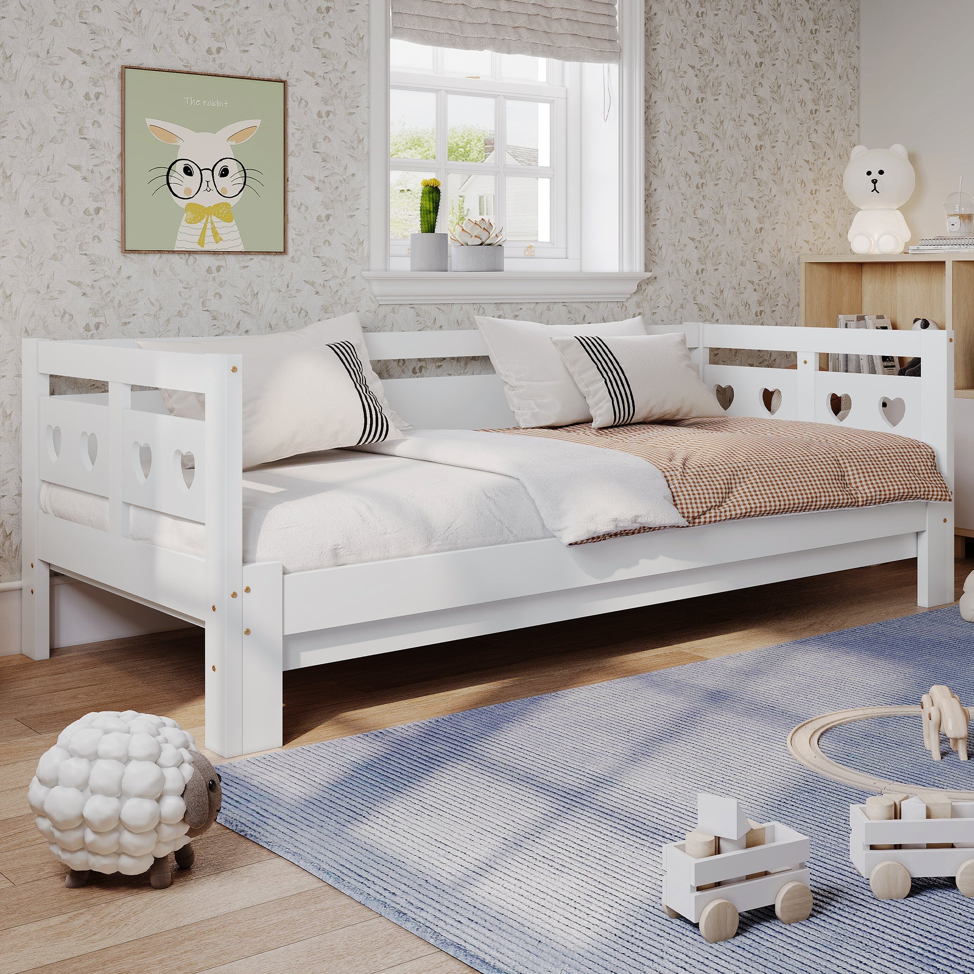 Daybed Cabin Bed Wooden 3FT Single Sofa Guest Bed with Pull-out Trundle, Heart-Shaped, White Wood