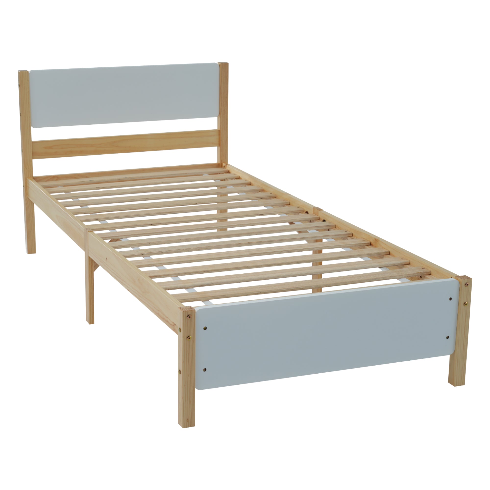 Single Bed, Pine Wood Frame with MDF Headboard & Footboard, White + Natural