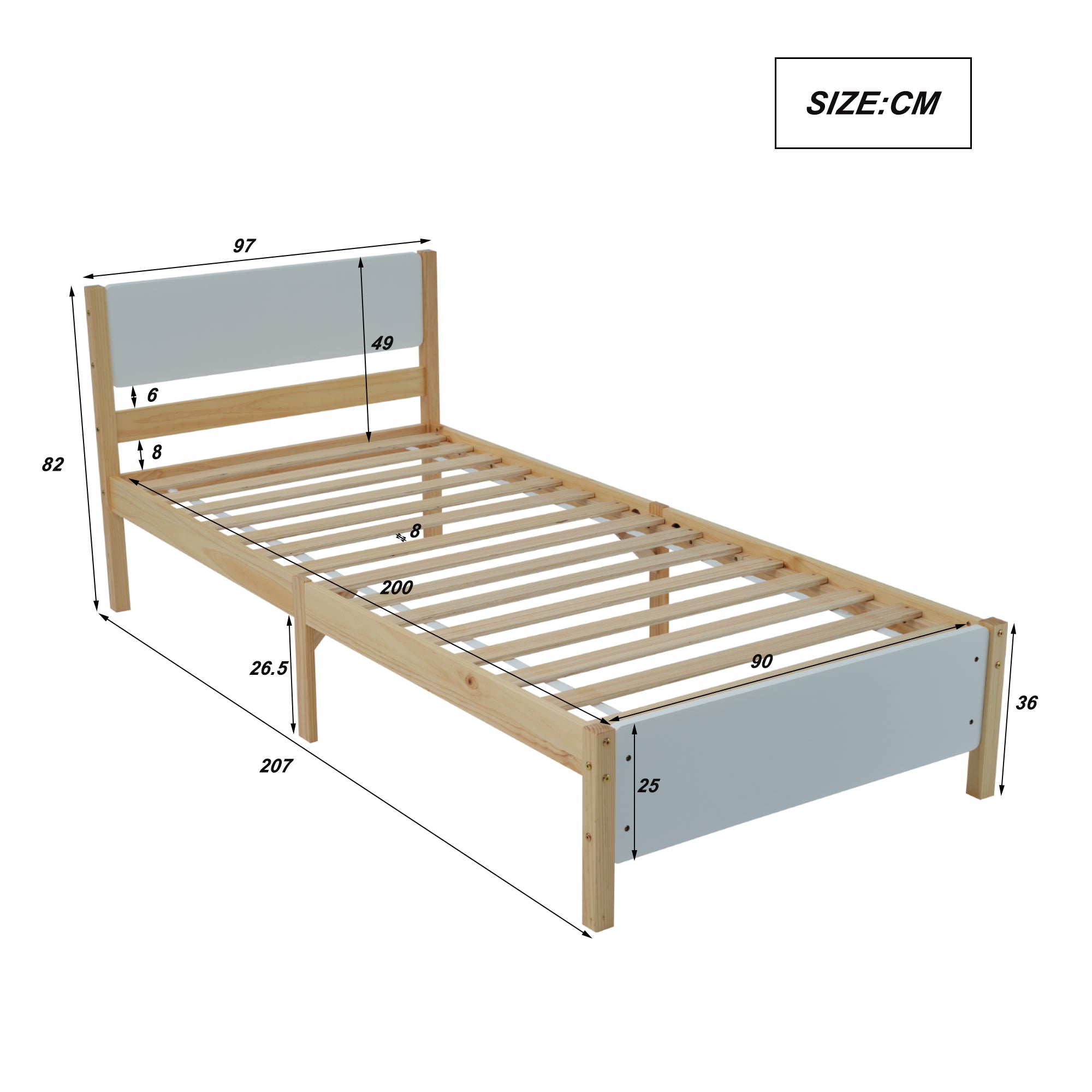 Single Bed, Pine Wood Frame with MDF Headboard & Footboard, White + Natural