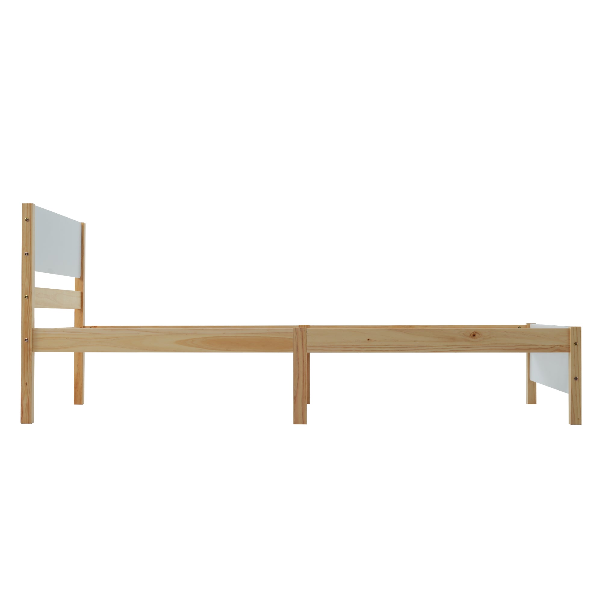 Single Bed, Pine Wood Frame with MDF Headboard & Footboard, White + Natural