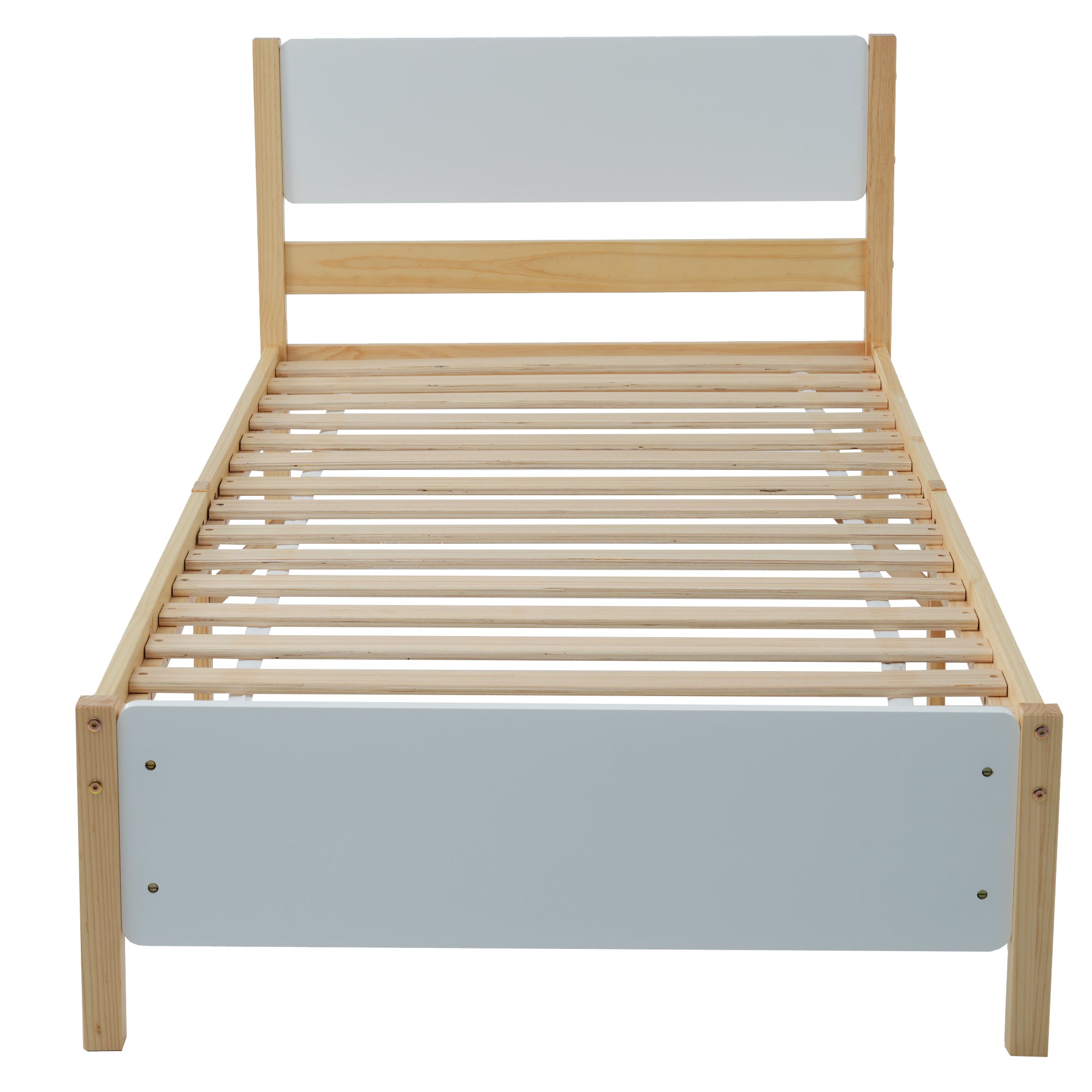 Single Bed, Pine Wood Frame with MDF Headboard & Footboard, White + Natural