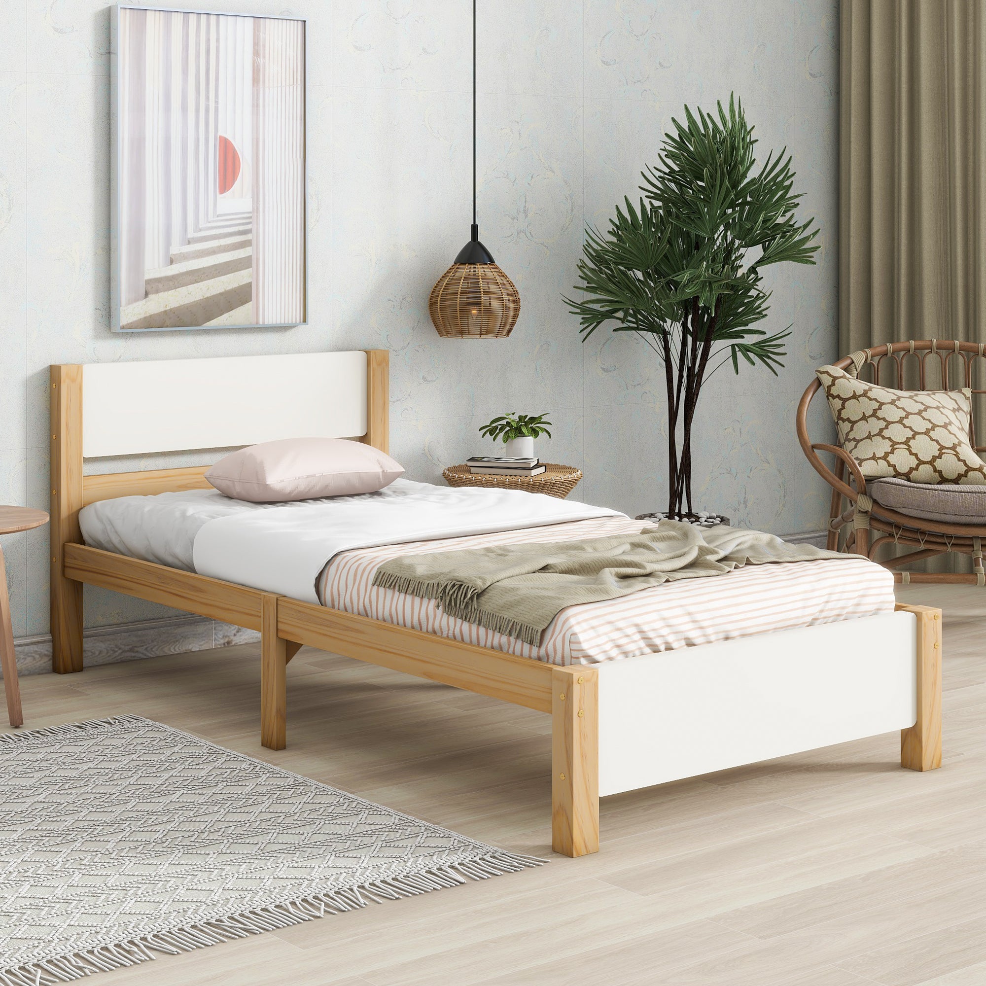Single Bed, Pine Wood Frame with MDF Headboard & Footboard, White + Natural