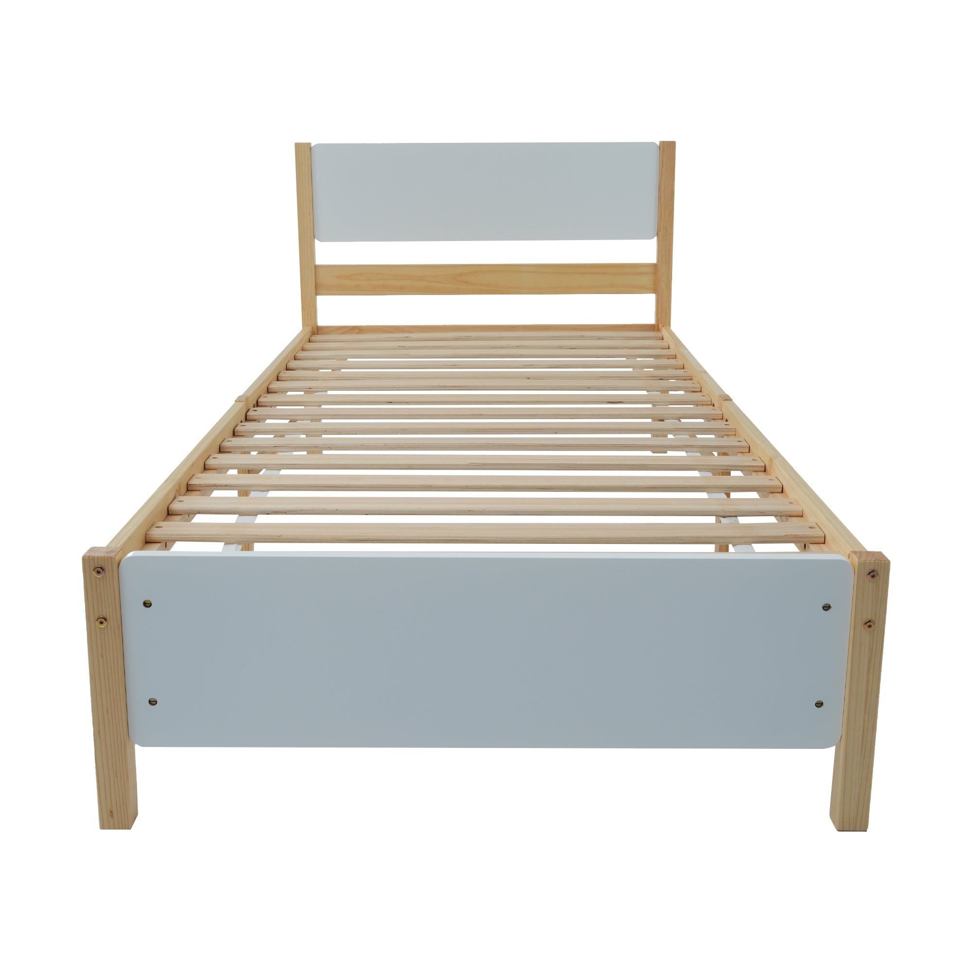 Single Bed, Pine Wood Frame with MDF Headboard & Footboard, White + Natural