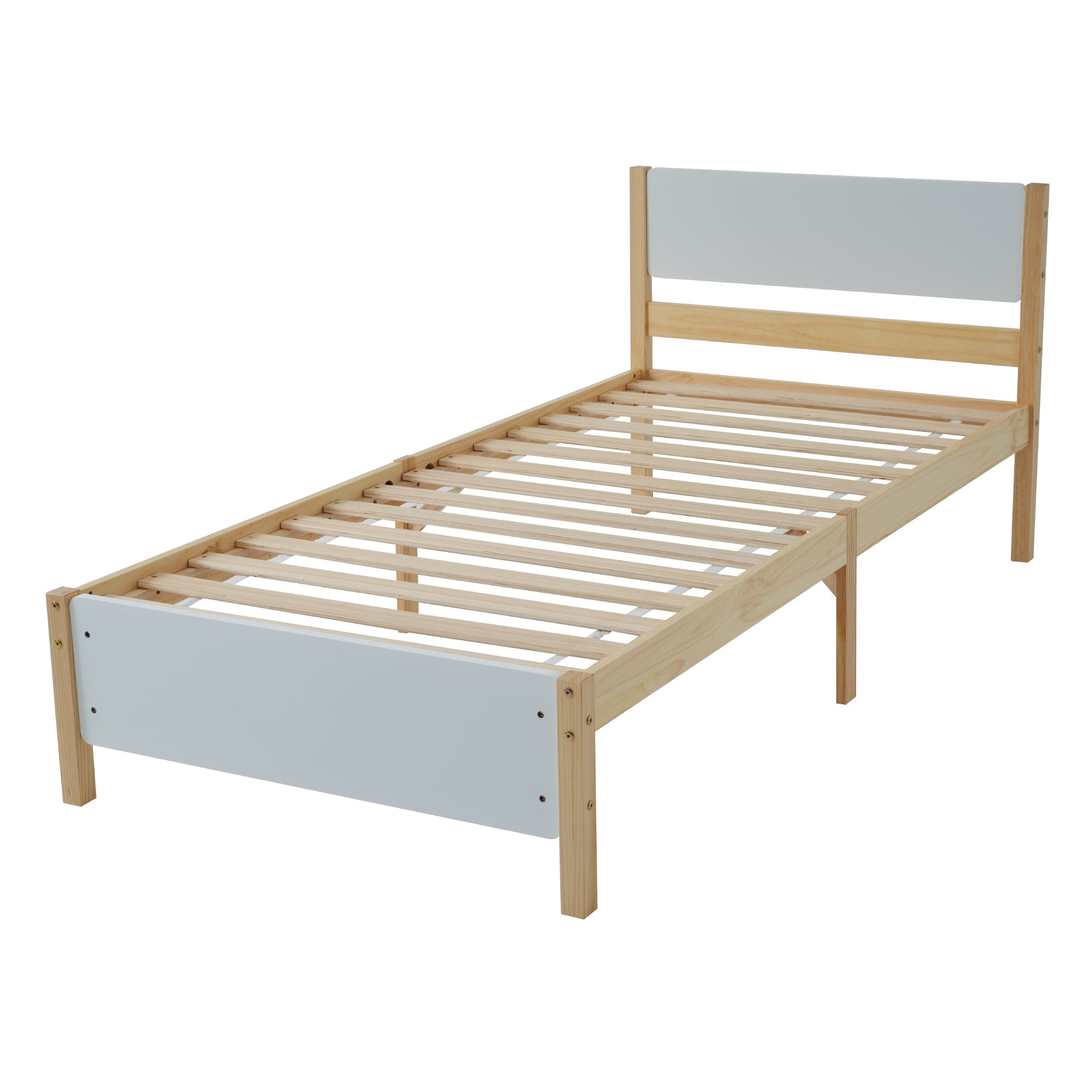 Single Bed, Pine Wood Frame with MDF Headboard & Footboard, White + Natural