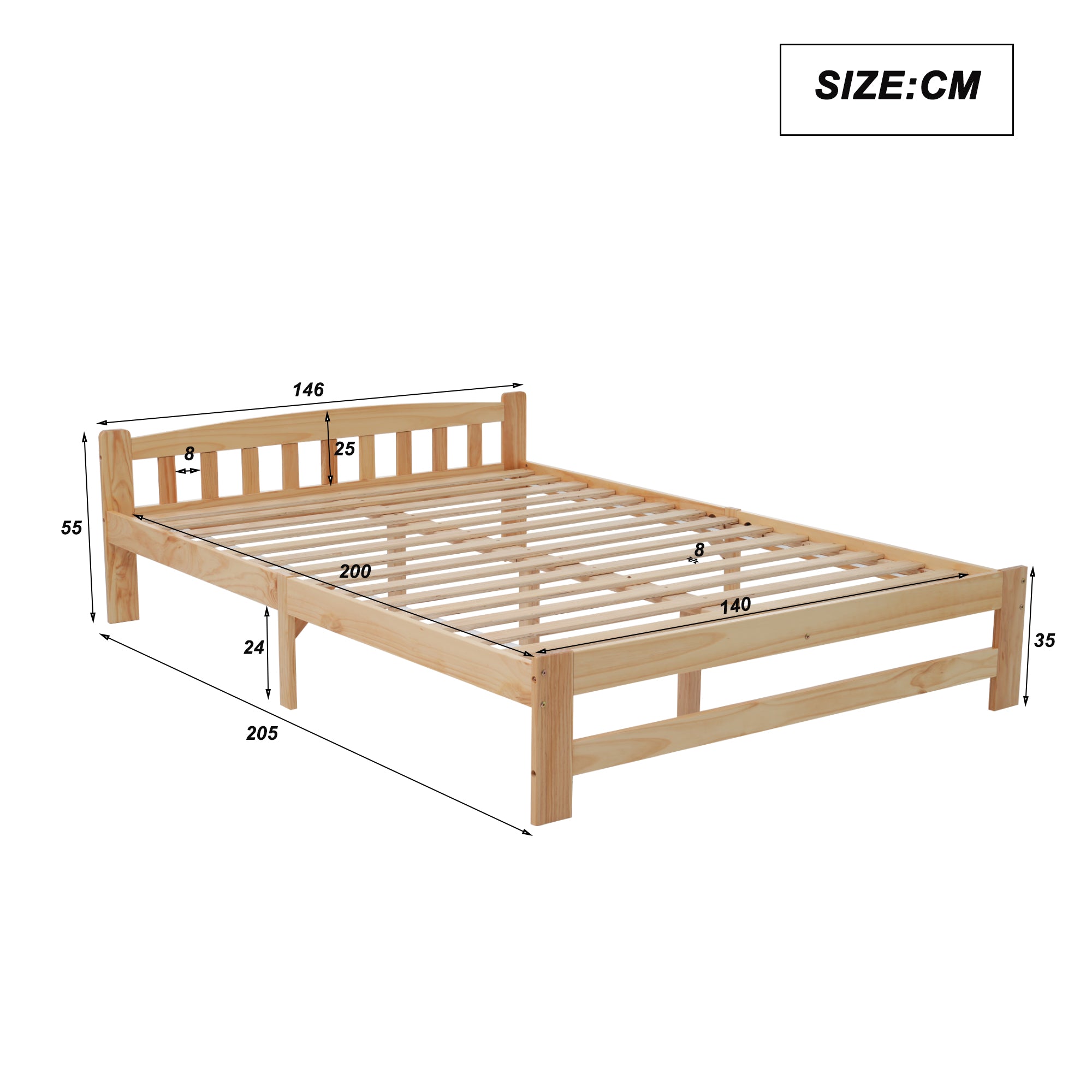 Solid Wood Bed, Futon Double Bed with Headboard & Slatted Frame, Natural, 140x200 cm