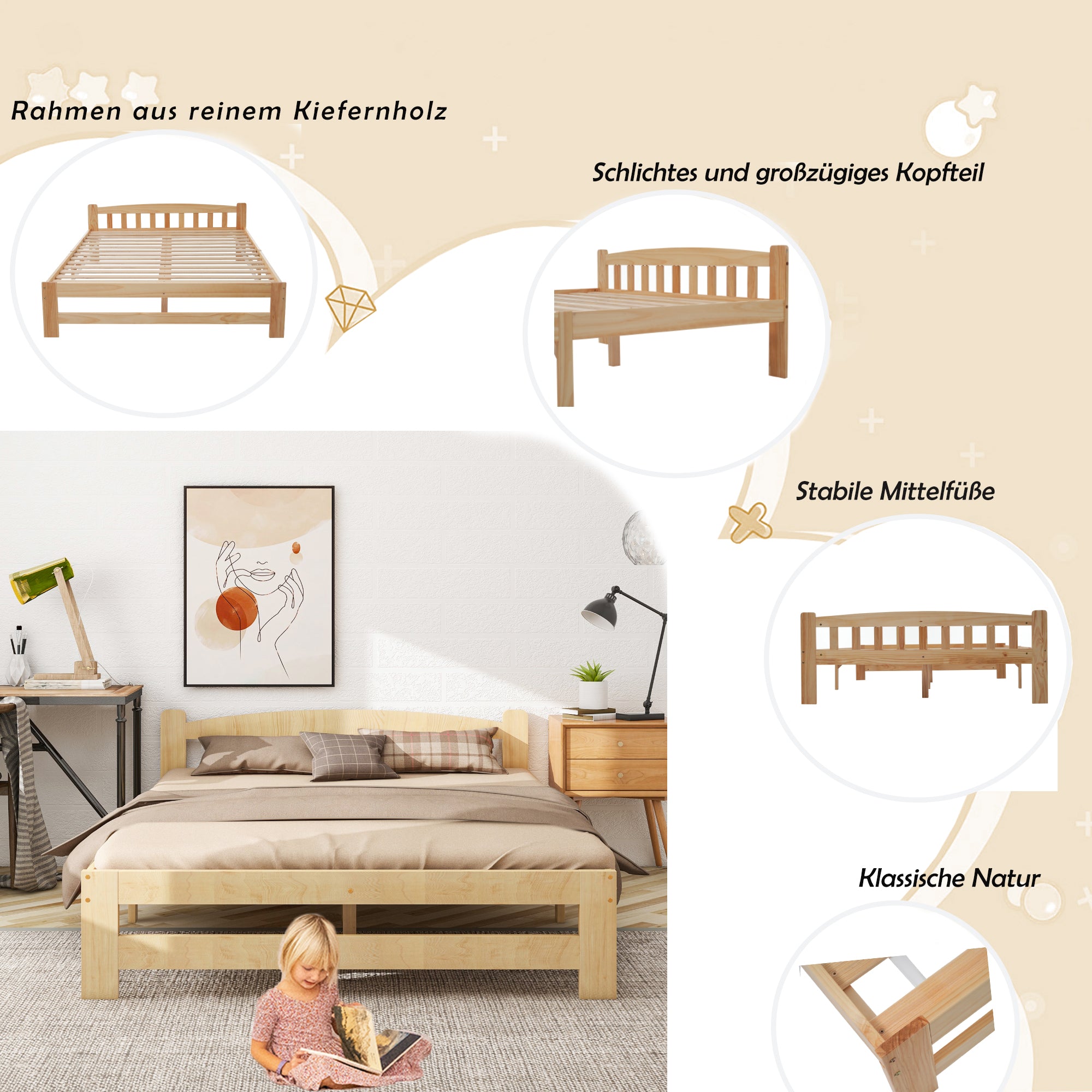 Solid Wood Bed, Futon Double Bed with Headboard & Slatted Frame, Natural, 140x200 cm